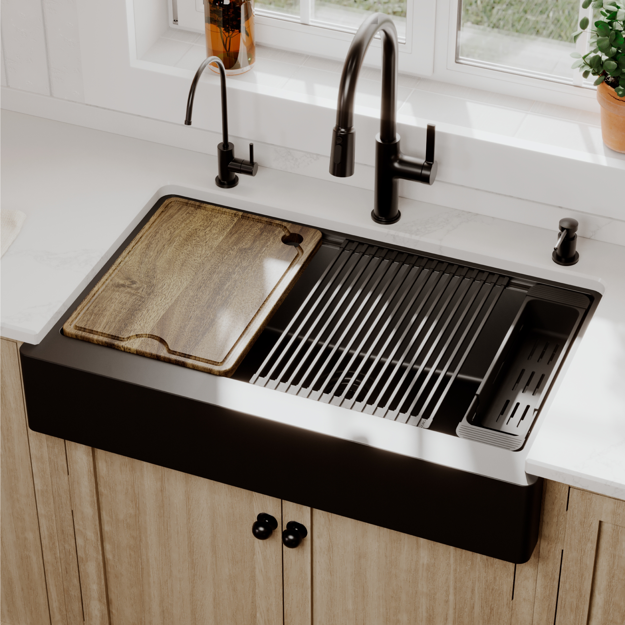 34" Apron Front Single Bowl Quartz Kitchen Sink Kit In Black