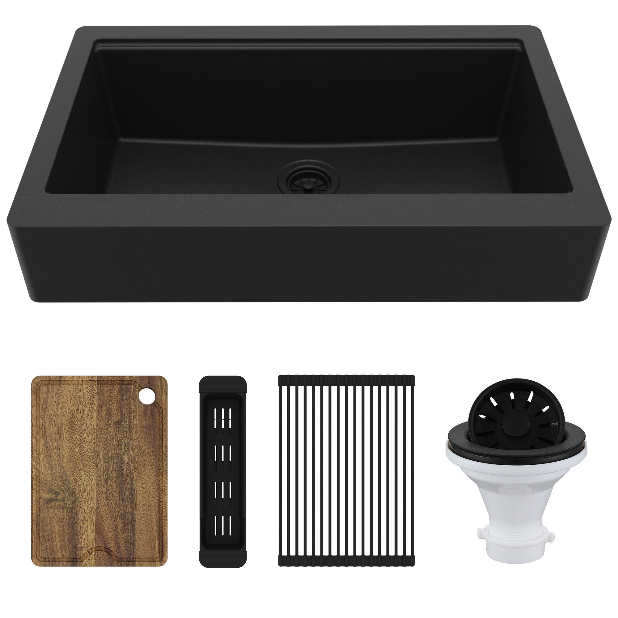 34" Apron Front Single Bowl Quartz Kitchen Sink Kit In Black