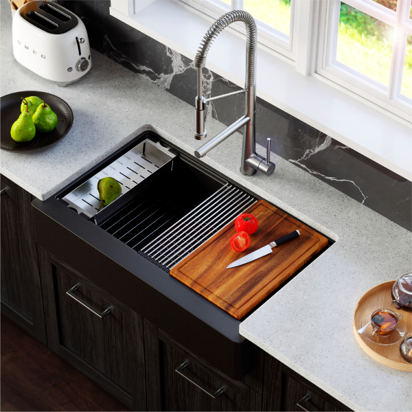 34" Retrofit Farmhouse Large Single Bowl Quartz Composite Workstation Kitchen Sink In Black