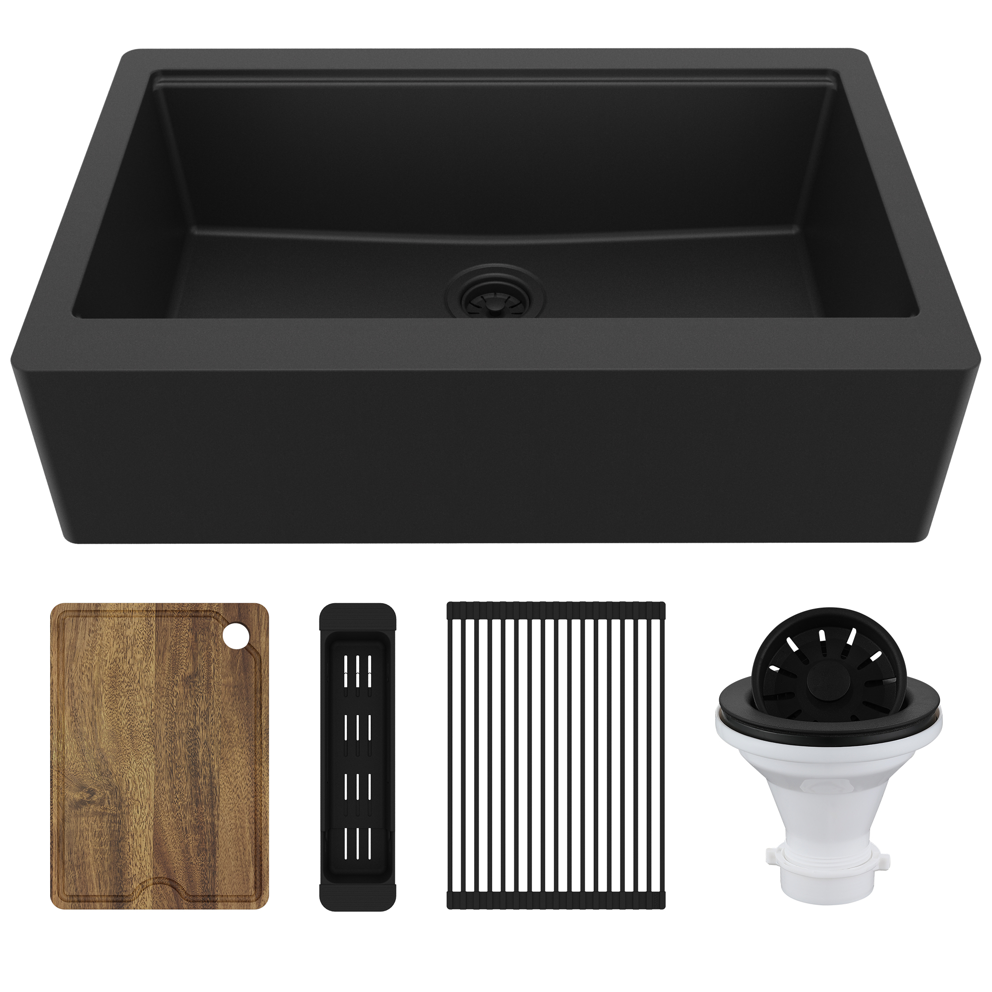34" Deep Apron Front Single Bowl Quartz Kitchen Sink Kit In Black