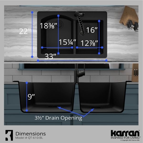 33" Top Mount Double Offset Bowl Quartz Composite Kitchen Sink Kit In Black