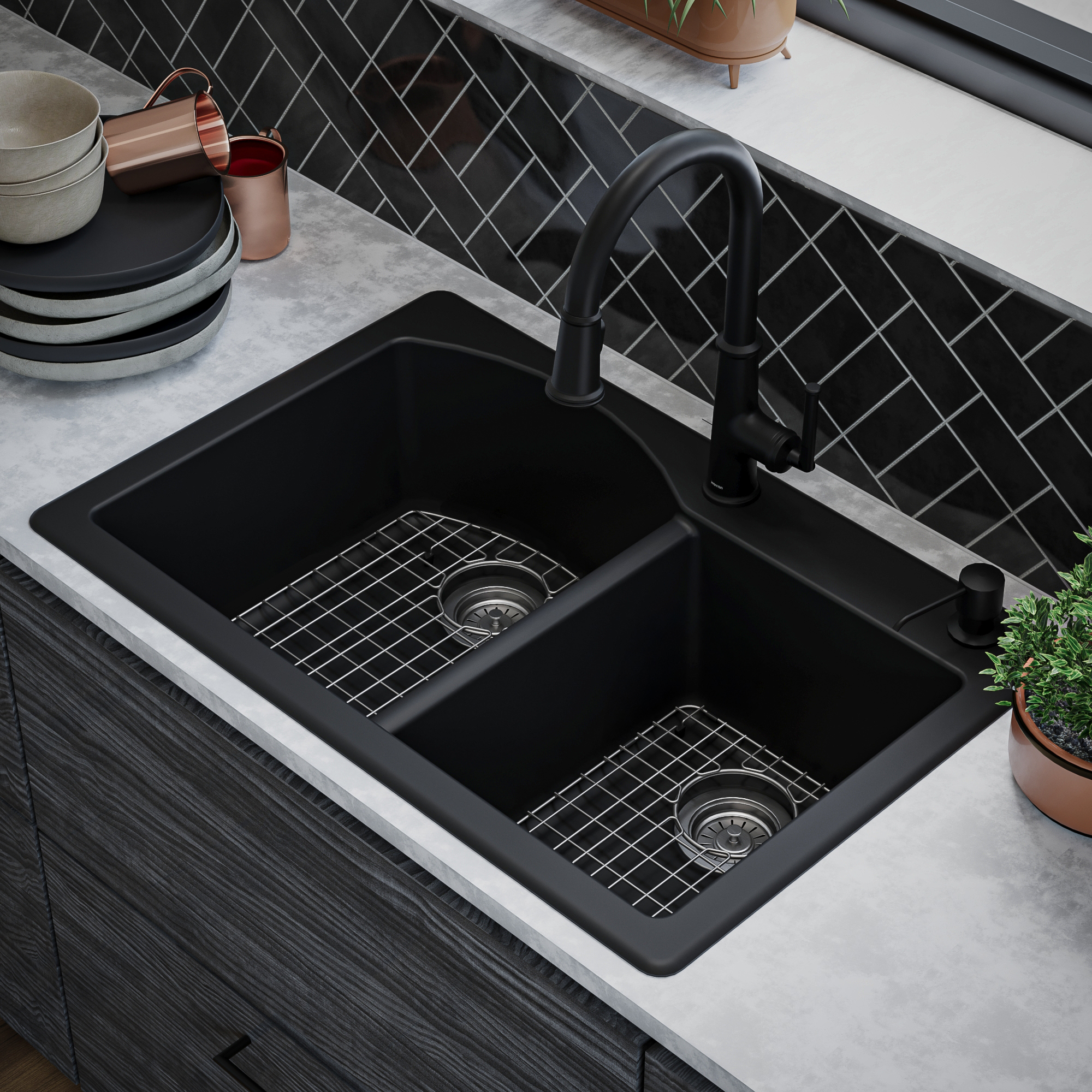 33" Top Mount Double Offset Bowl Quartz Composite Kitchen Sink Kit In Black