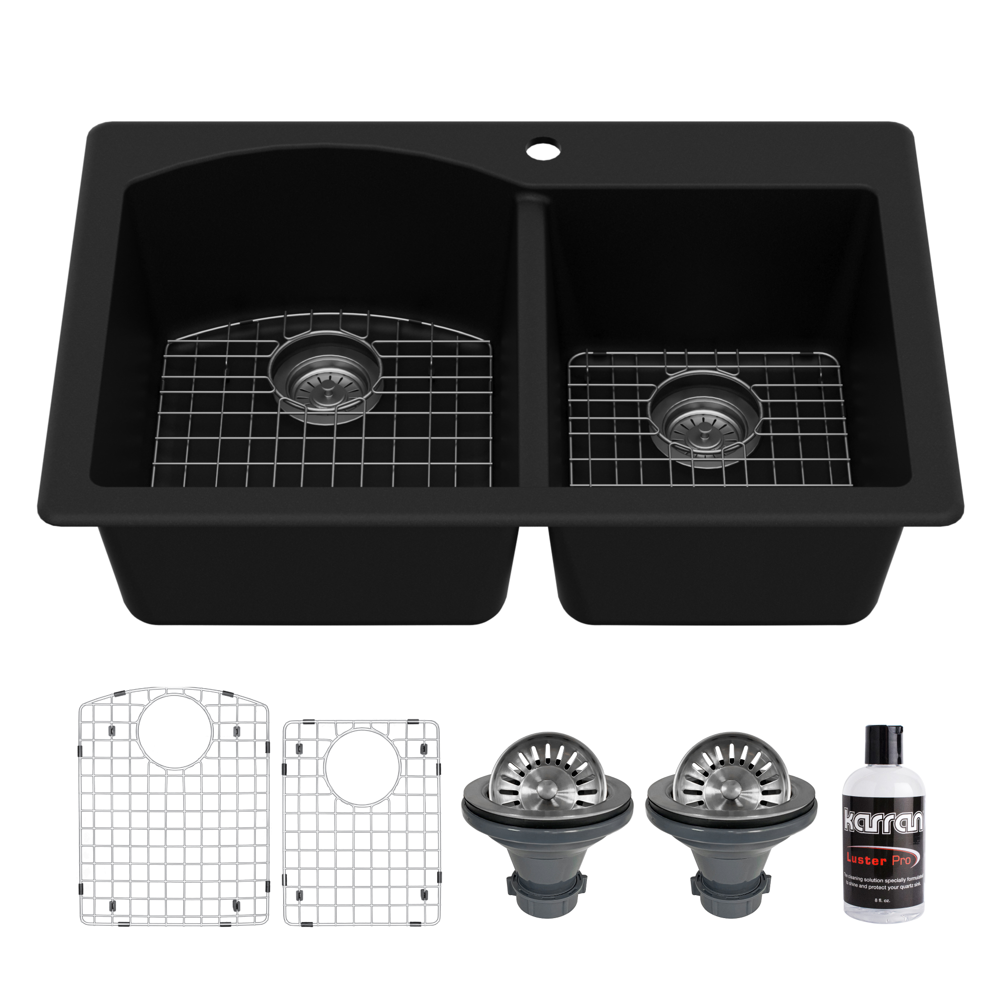 33" Top Mount Double Offset Bowl Quartz Composite Kitchen Sink Kit In Black