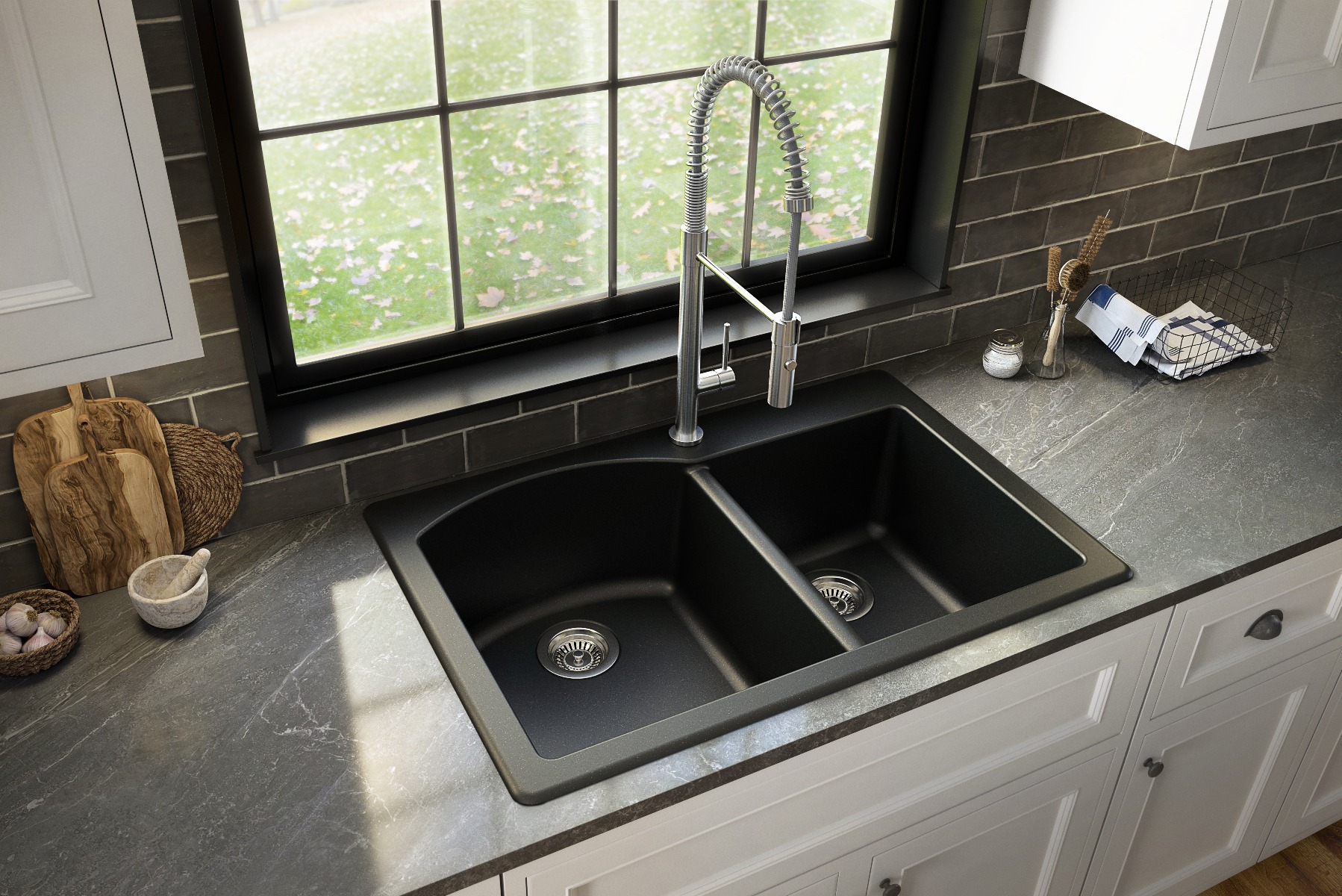 33" Top Mount Double Offset Bowl Quartz Composite Kitchen Sink In Black