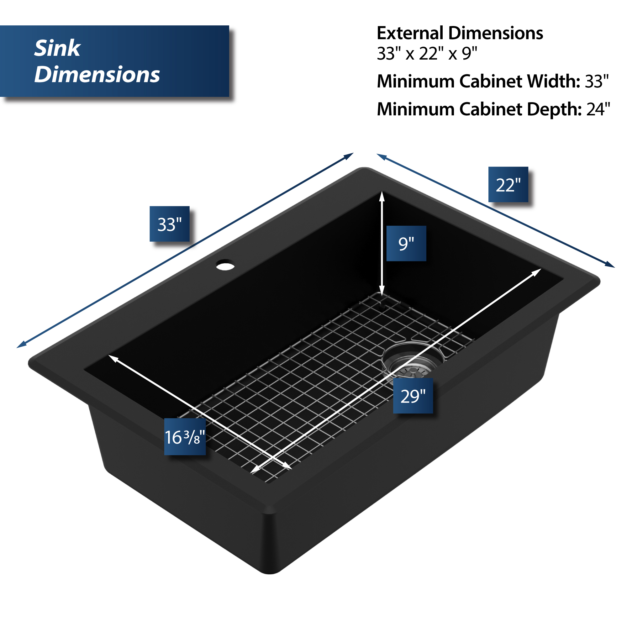 33" Top Mount Large Single Bowl Quartz Composite Kitchen Sink Kit In Black