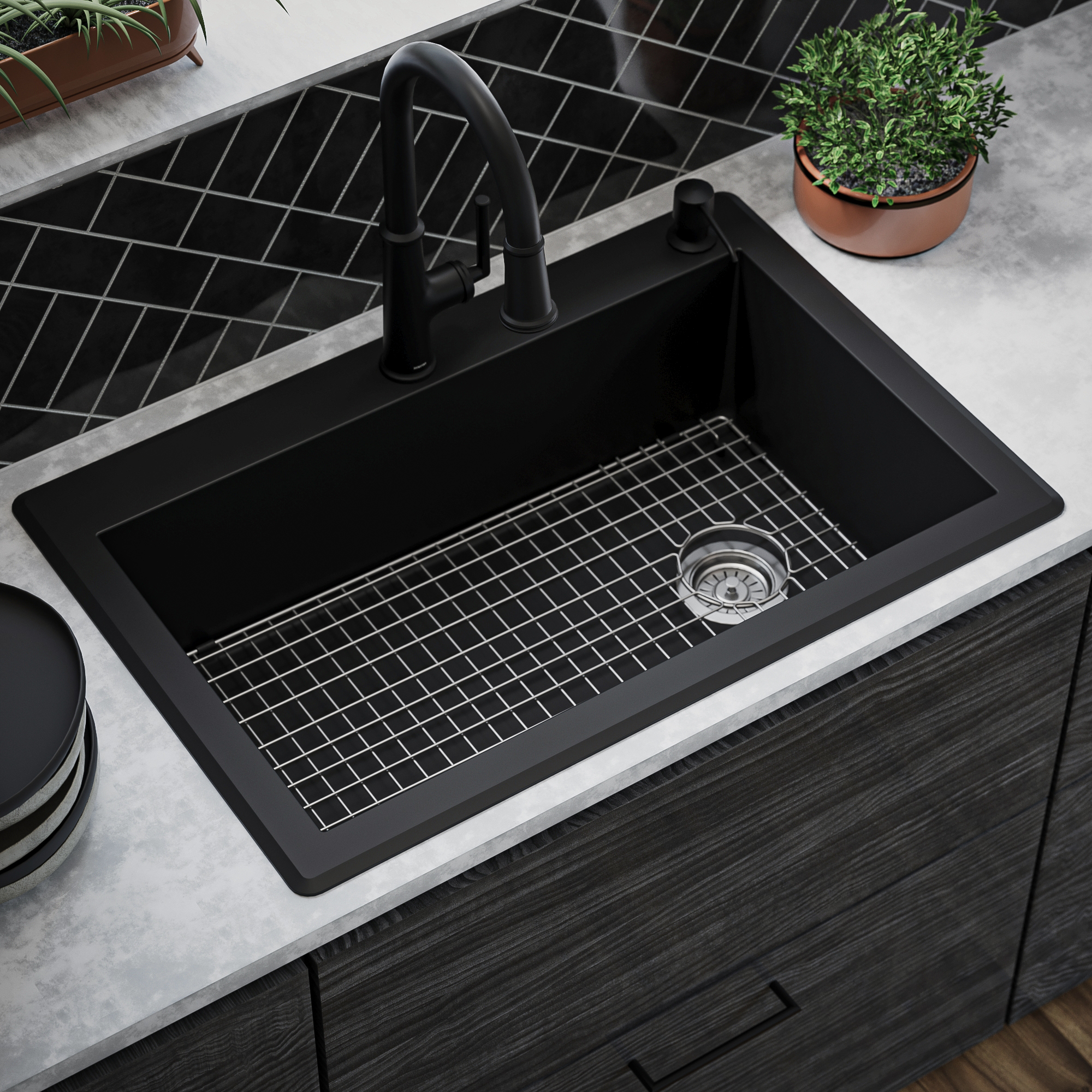 33" Top Mount Large Single Bowl Quartz Composite Kitchen Sink Kit In Black