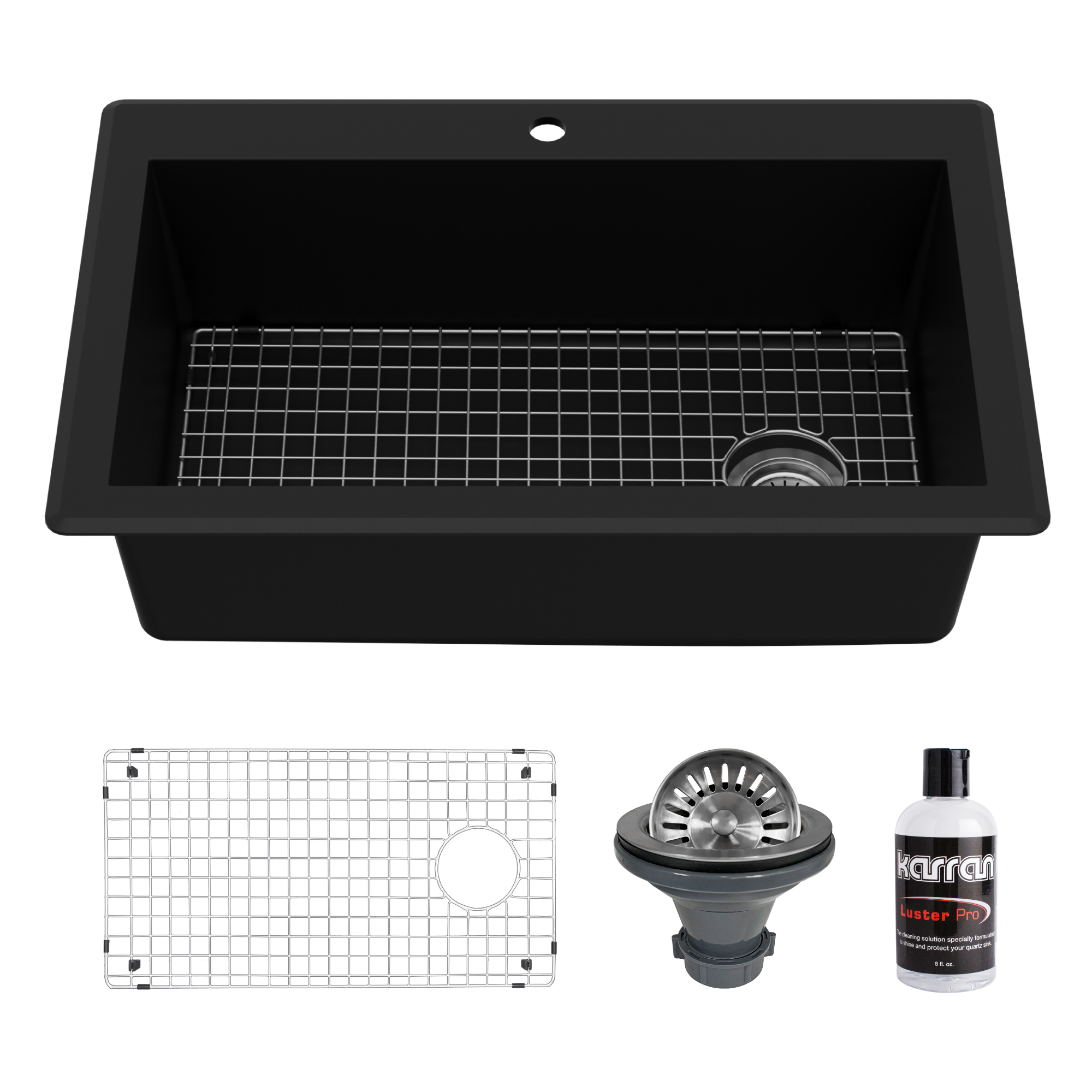 33" Top Mount Large Single Bowl Quartz Composite Kitchen Sink Kit In Black