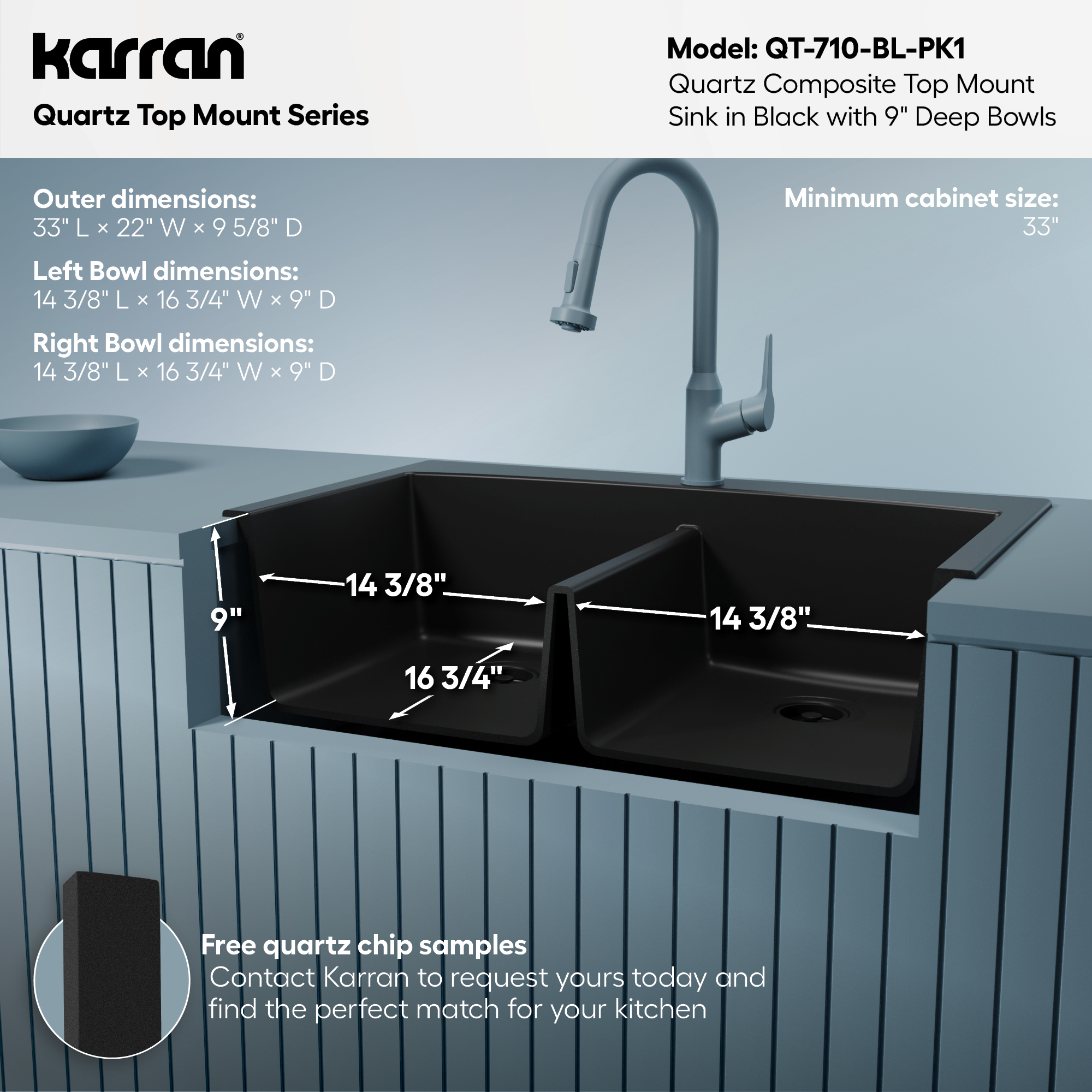 33" Top Mount Double Equal Bowl Quartz Composite Kitchen Sink Kit In Black