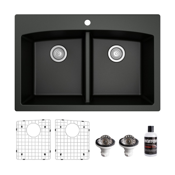 33" Top Mount Double Equal Bowl Quartz Composite Kitchen Sink Kit In Black