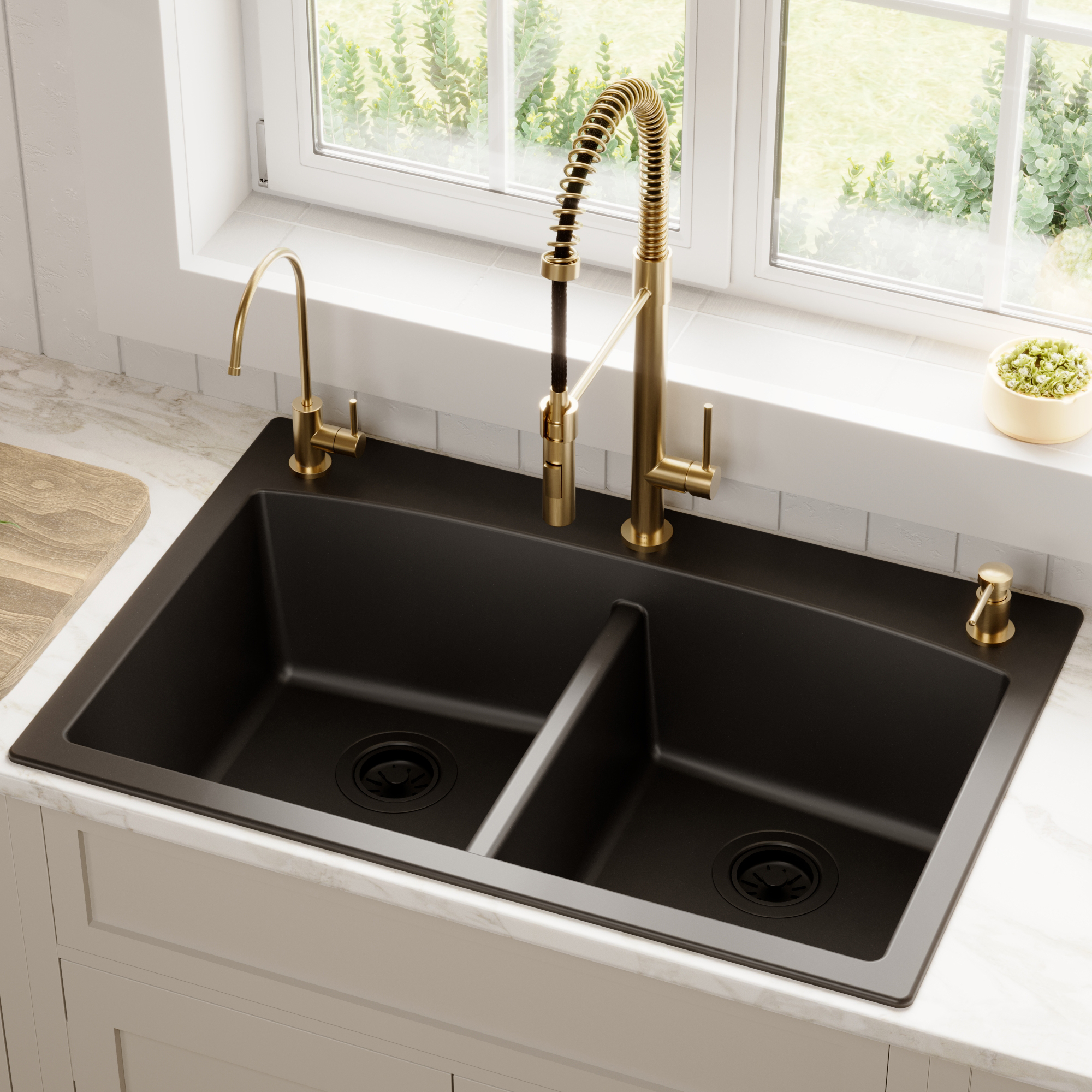 33" Top Mount Double Equal Bowl Quartz Composite Kitchen Sink In Black