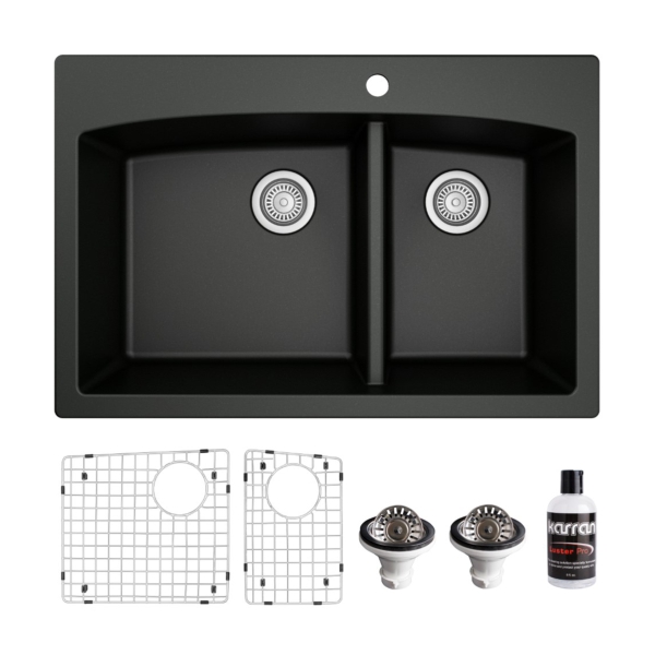 33" Top Mount Double Offset Bowl Quartz Composite Kitchen Sink Kit In Black