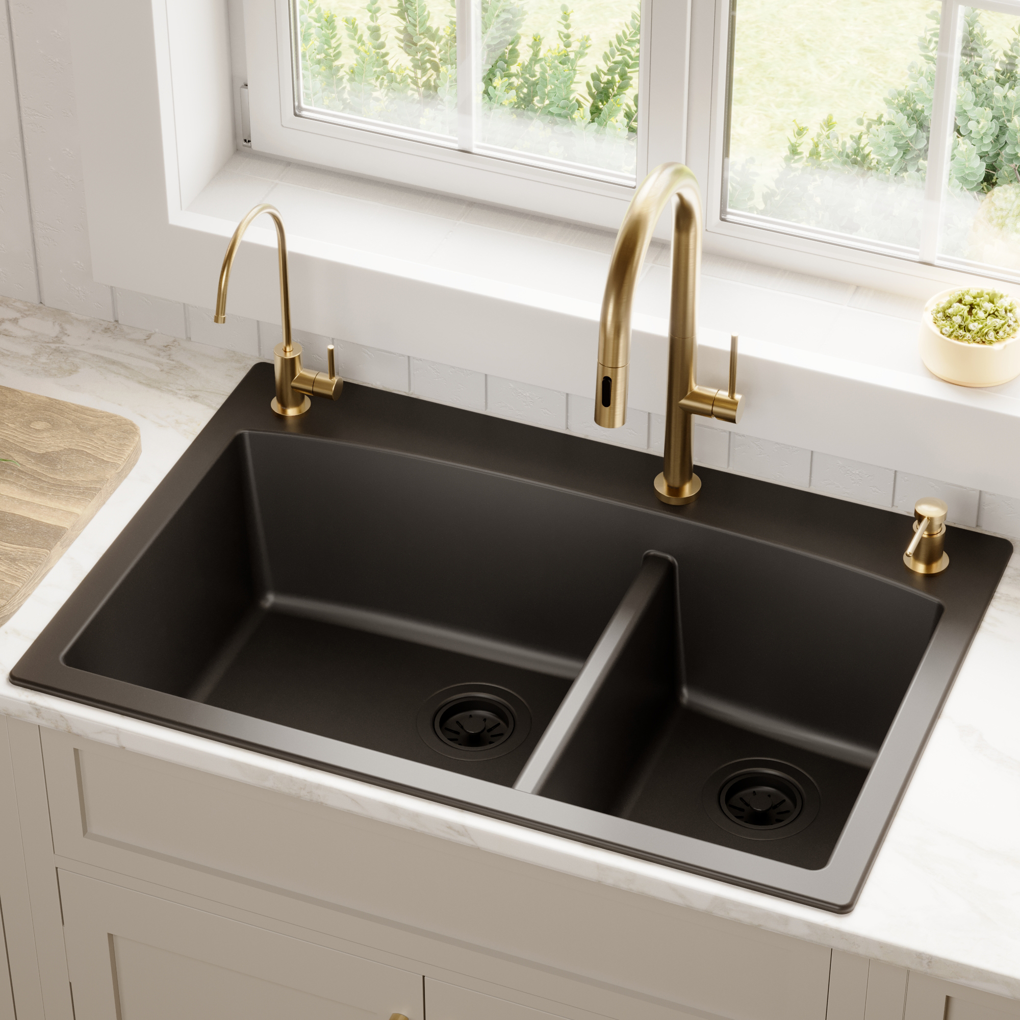 33" Top Mount Double Offset Bowl Quartz Composite Kitchen Sink In Black