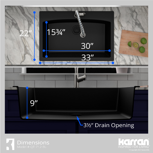 33" Top Mount Large Single Bowl Quartz Composite Kitchen Sink Kit In Black