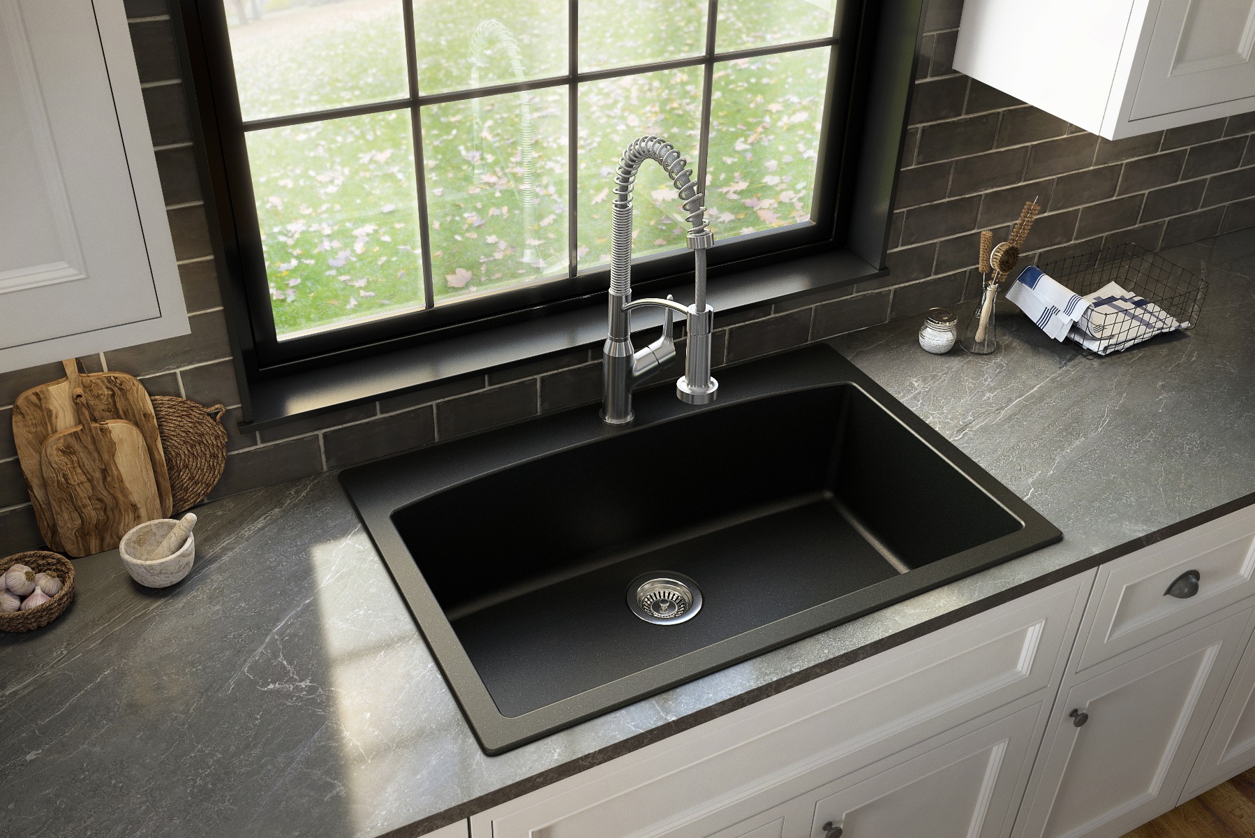 33" Top Mount Large Single Bowl Quartz Composite Kitchen Sink Kit In Black