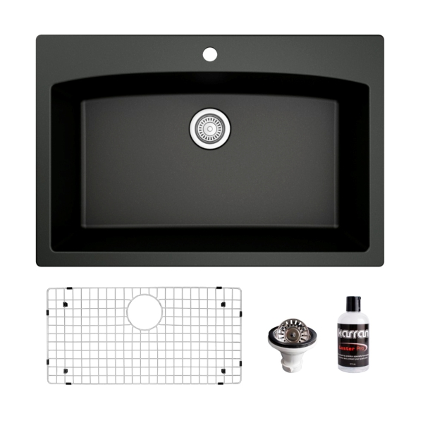 33" Top Mount Large Single Bowl Quartz Composite Kitchen Sink Kit In Black