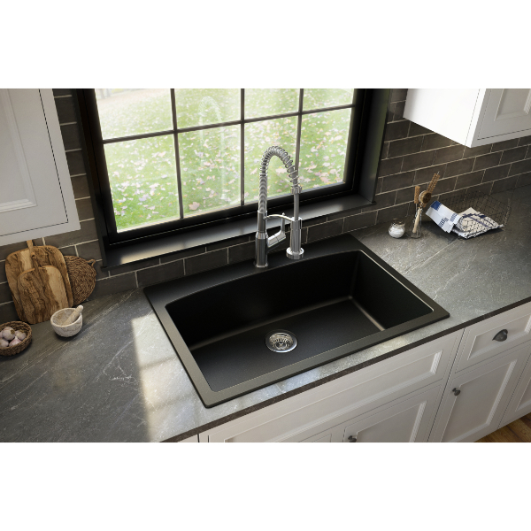 33" Top Mount Large Single Bowl Quartz Composite Kitchen Sink In Black