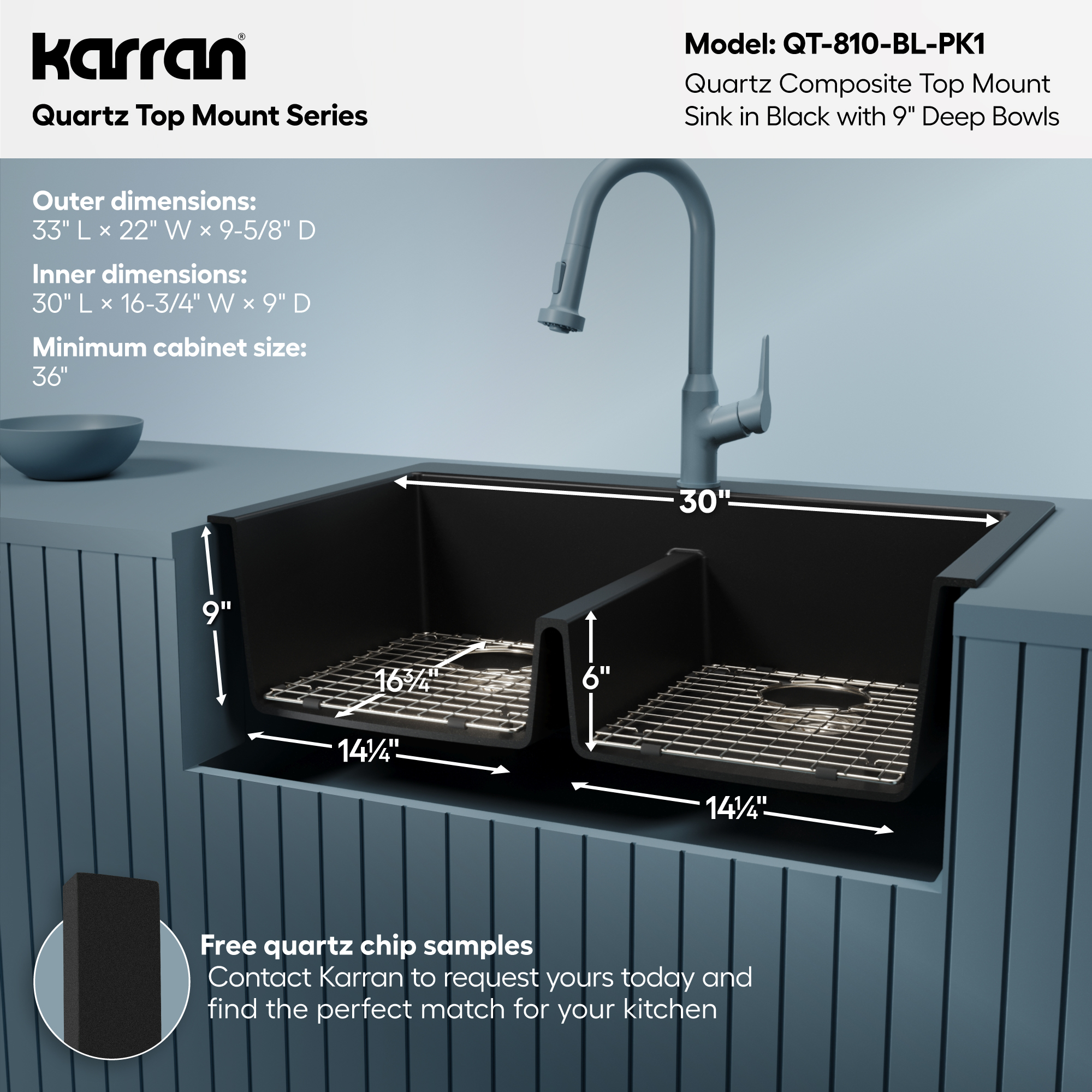 33" Top Mount Double Equal Bowl Quartz Composite Kitchen Sink Kit In Black