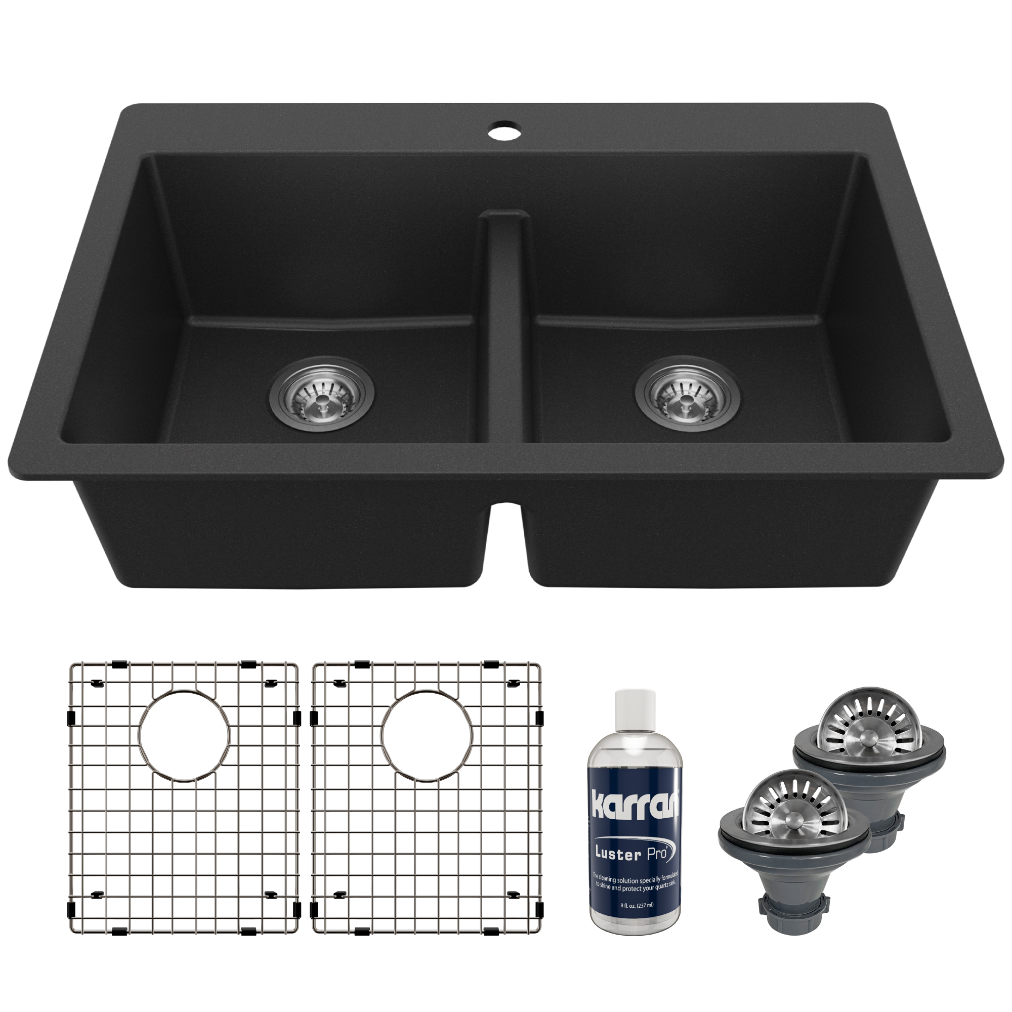 33" Top Mount Double Equal Bowl Quartz Composite Kitchen Sink Kit In Black