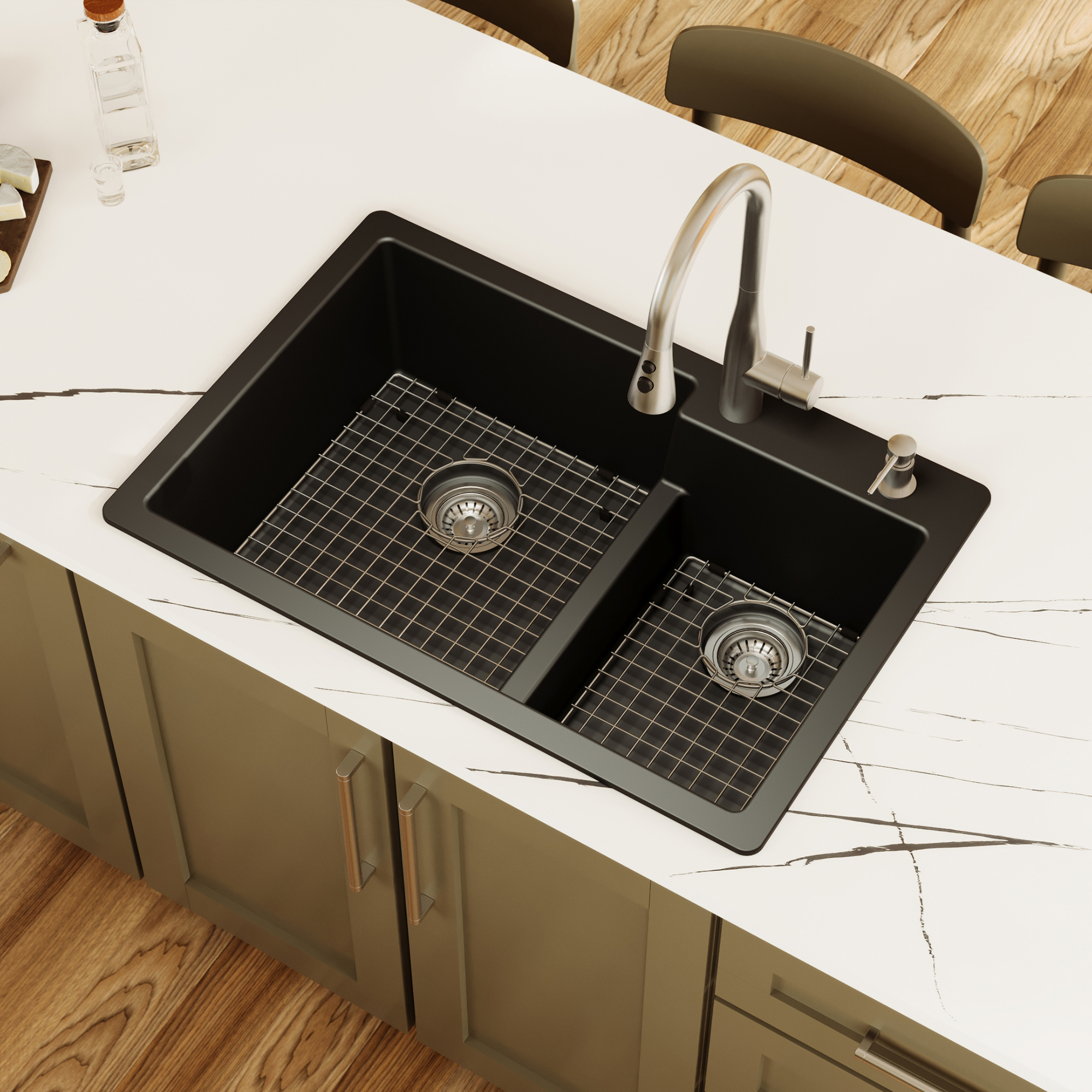 33" Top Mount Double Offset Bowl Quartz Composite Kitchen Sink Kit In Black