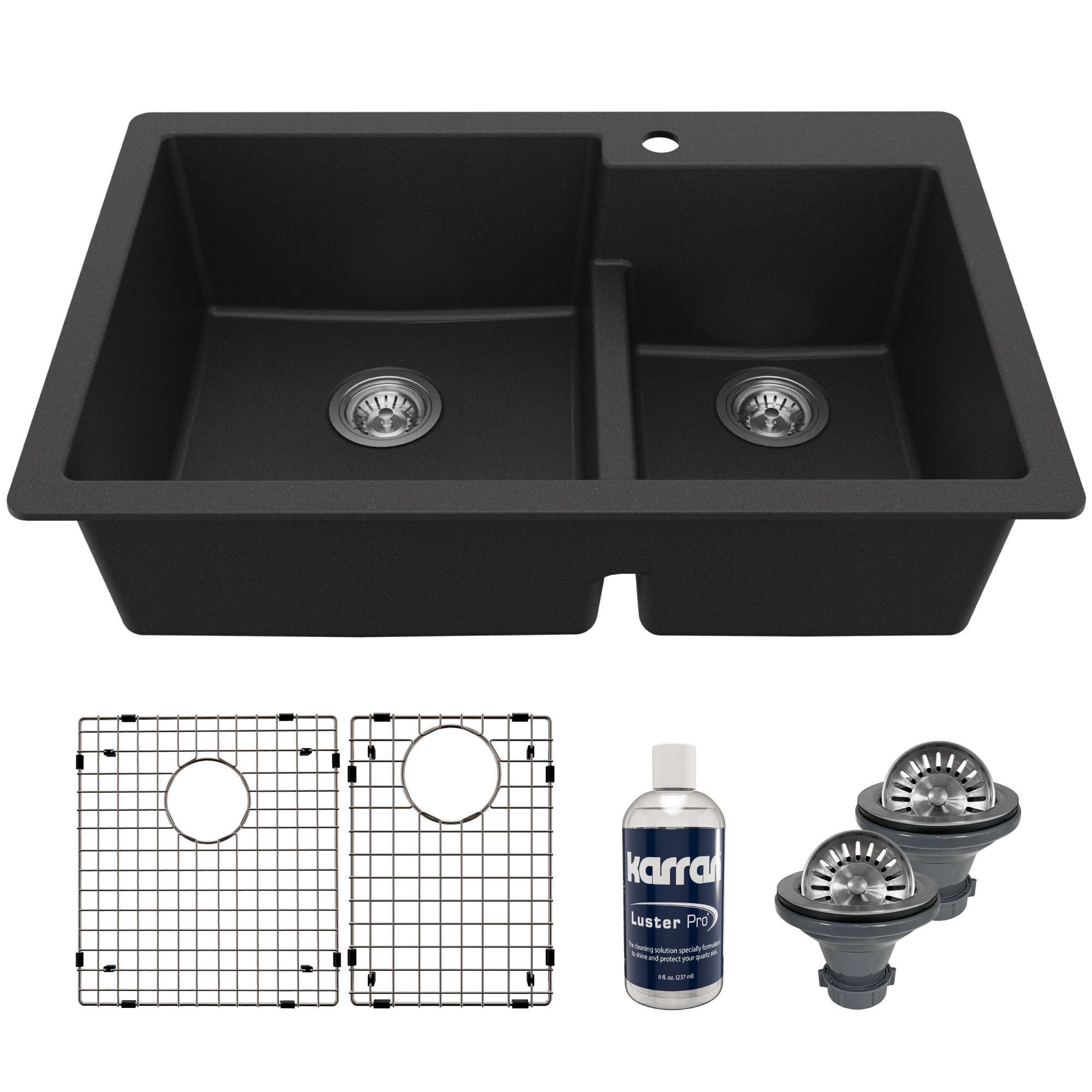 33" Top Mount Double Offset Bowl Quartz Composite Kitchen Sink Kit In Black