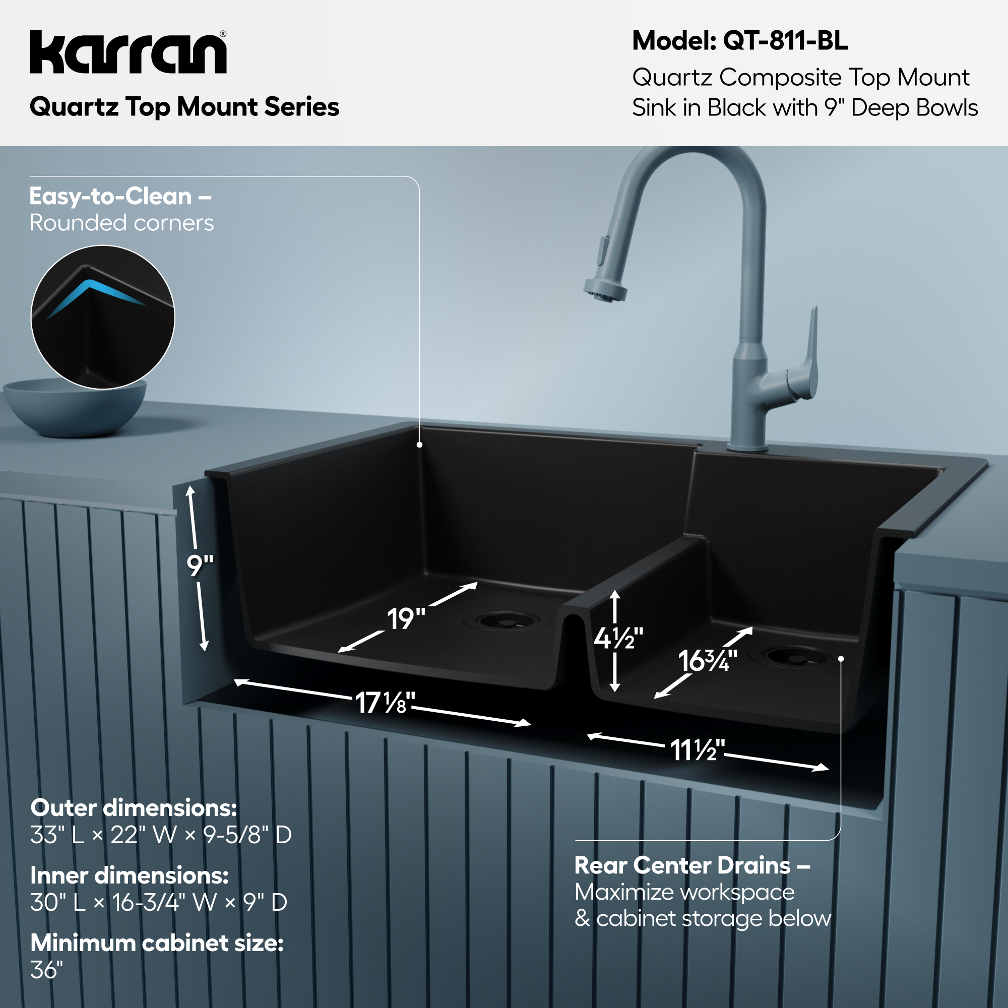 33" Top Mount Double Offset Bowl Quartz Composite Kitchen Sink In Black