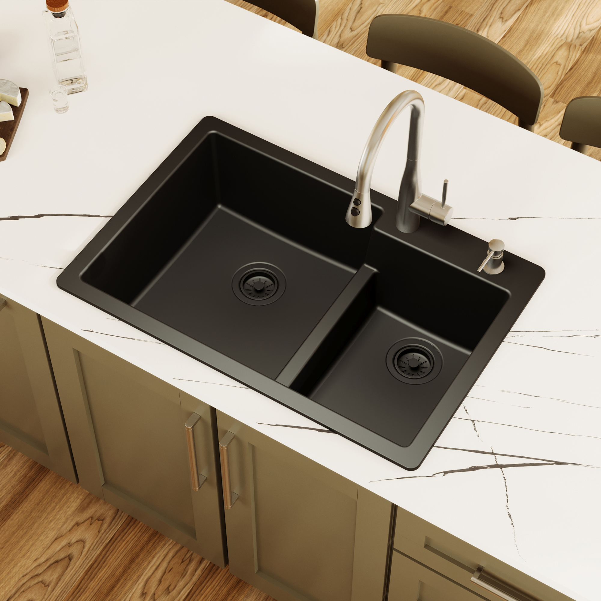 33" Top Mount Double Offset Bowl Quartz Composite Kitchen Sink In Black