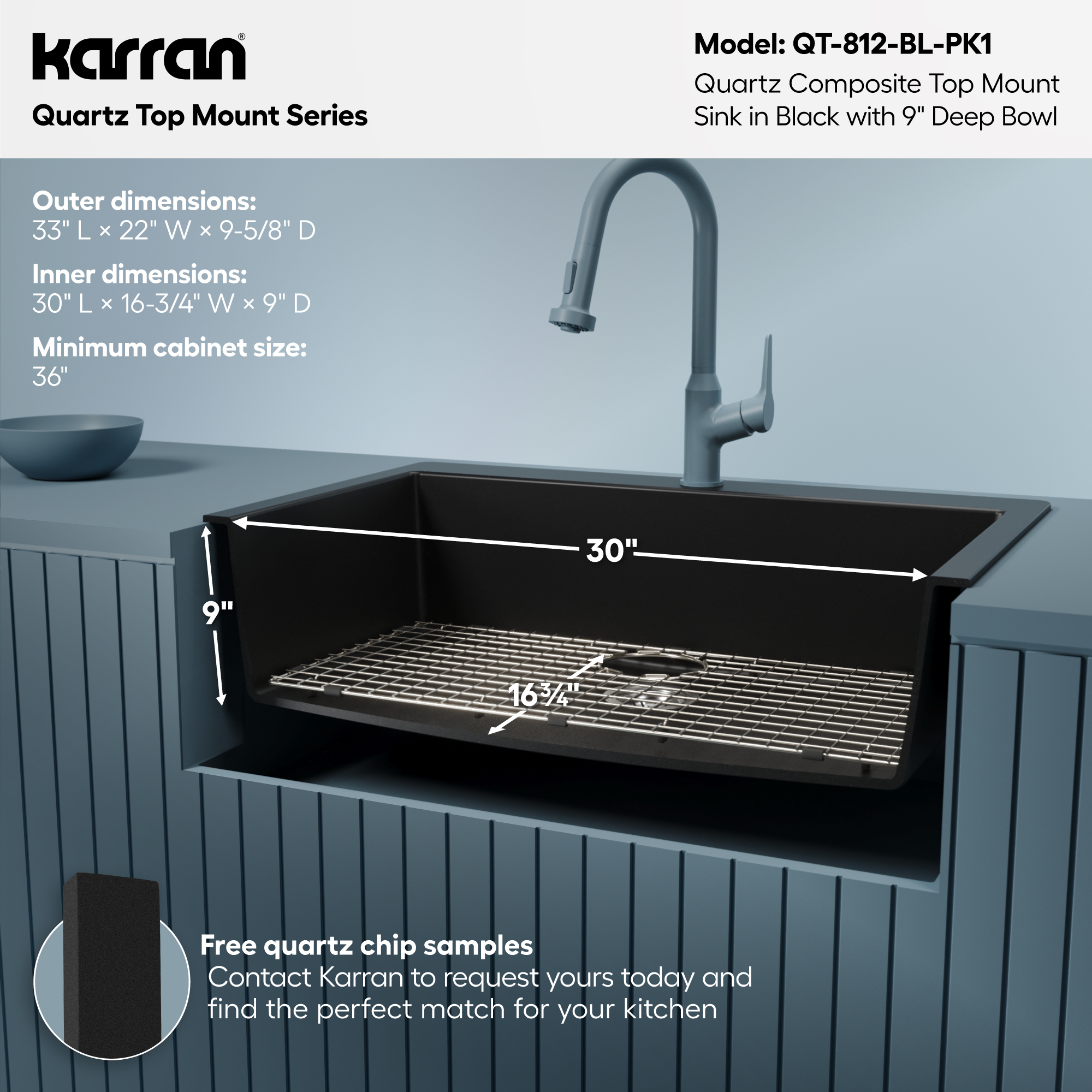 33" Top Mount Large Single Bowl Quartz Composite Kitchen Sink Kit In Black