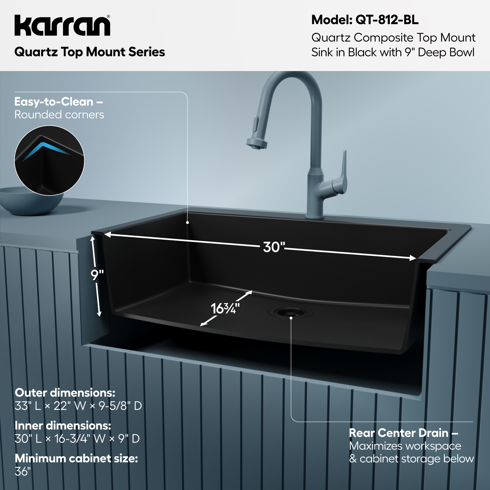 33" Top Mount Large Single Bowl Quartz Composite Kitchen Sink In Black