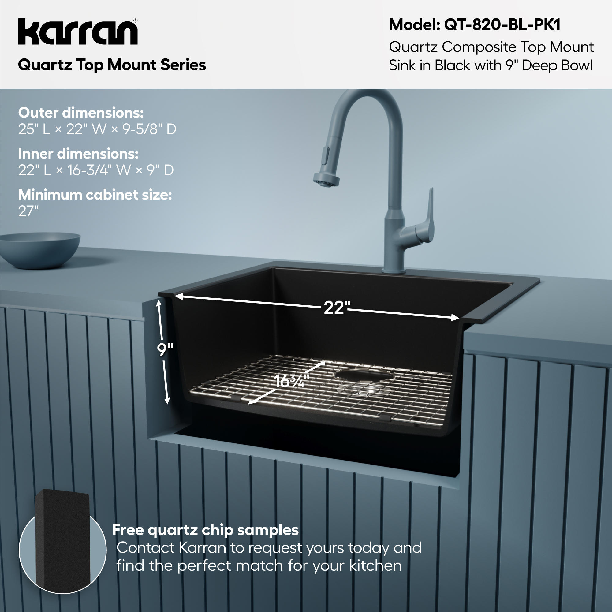 25" Top Mount Single Bowl Quartz Composite Kitchen Sink Kit In Black