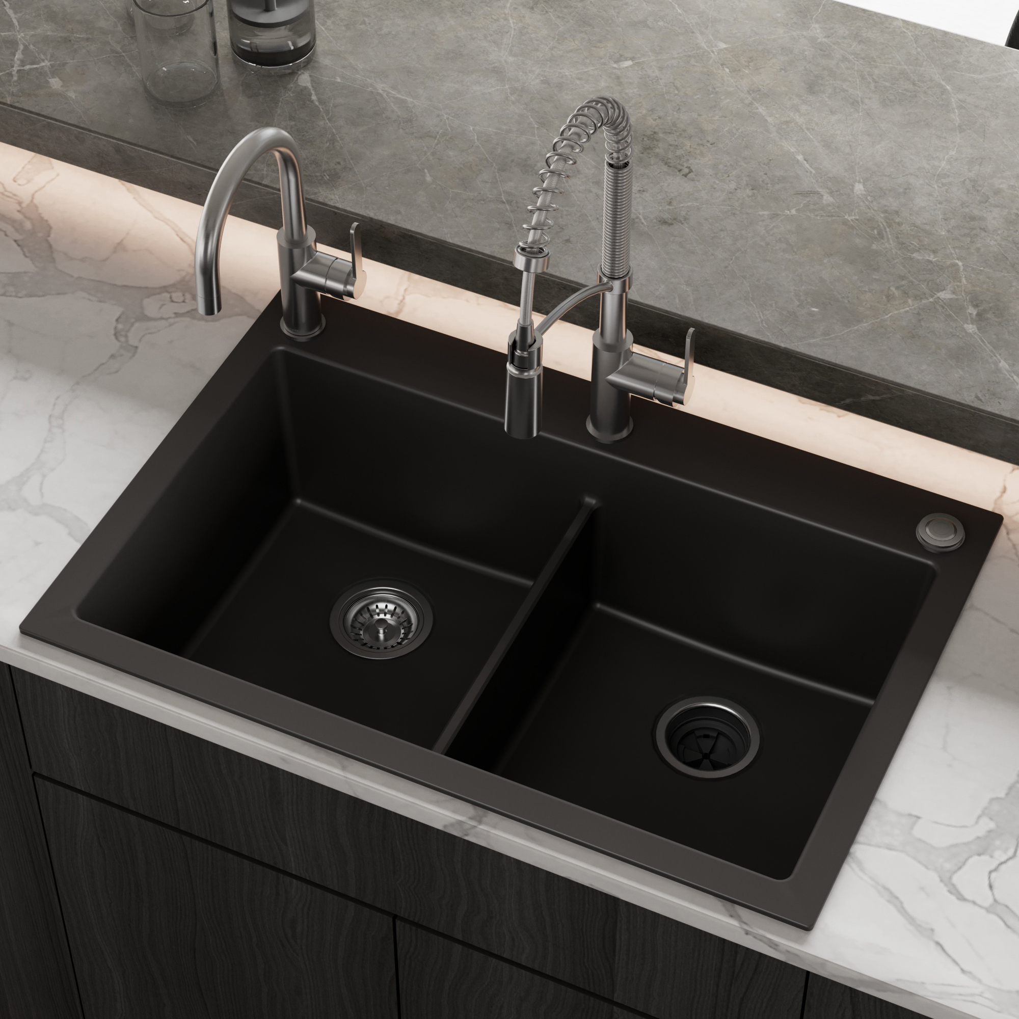 33" Top Mount Double Bowl Granite Kitchen Sink in Black
