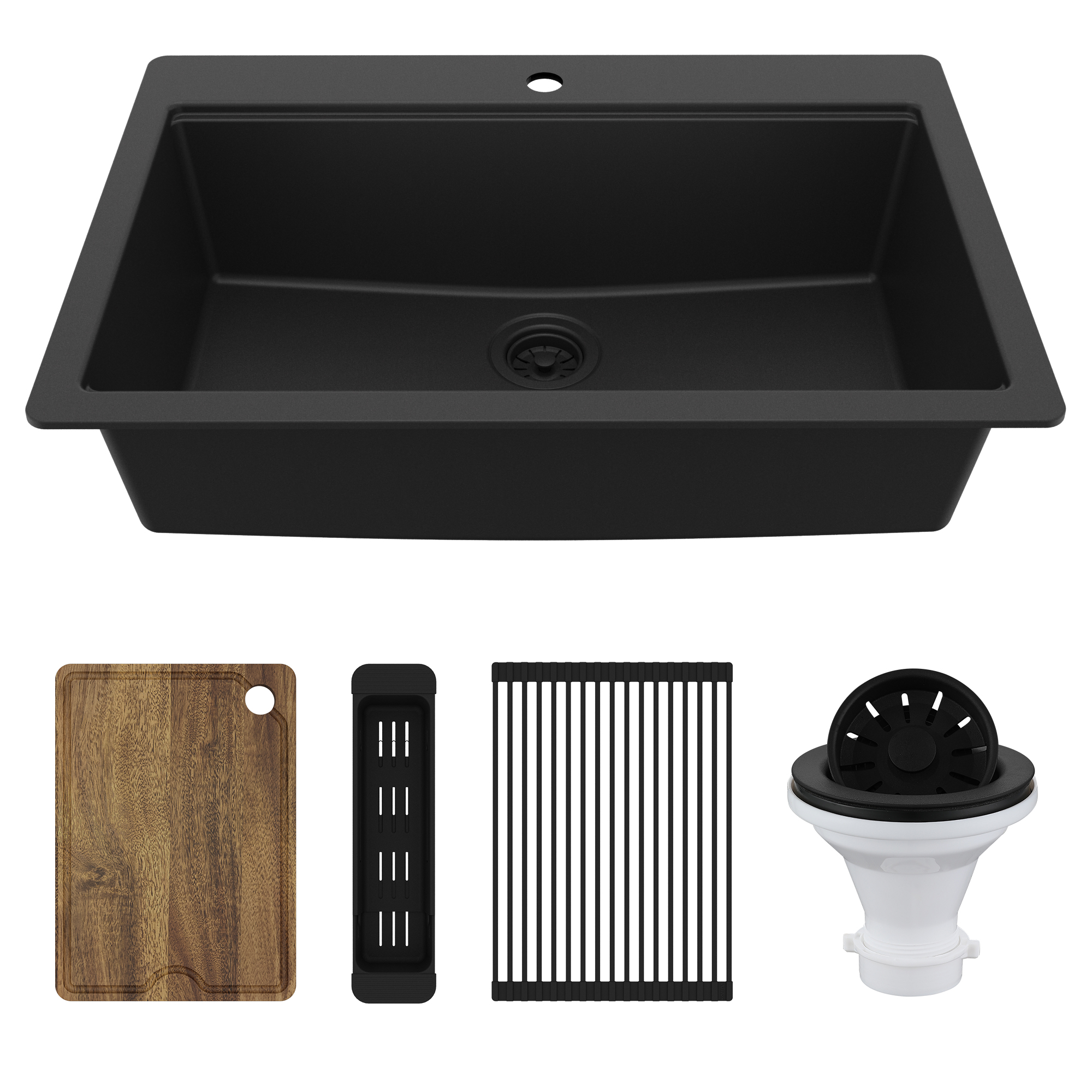 33" Top Mount Single Bowl Quartz Kitchen Sink Kit In Black