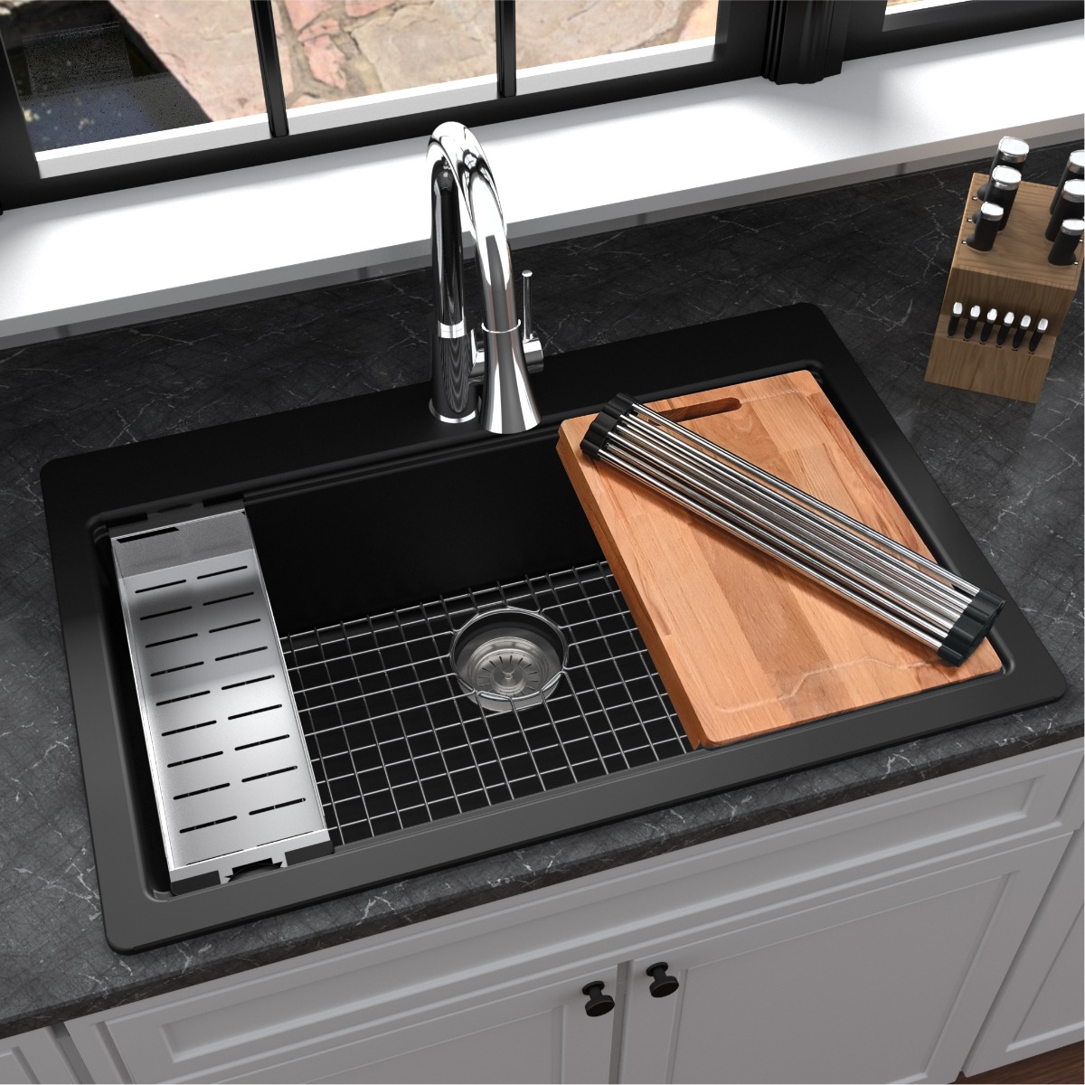 33" Top Mount Large Single Bowl Quartz Composite Workstation Kitchen Sink In Black