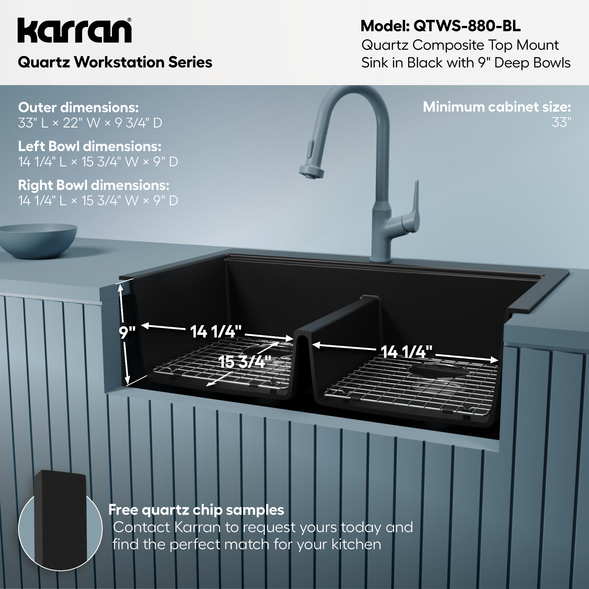 33" Top Mount Double Equal Bowl Quartz Composite Workstation Kitchen Sink In Black