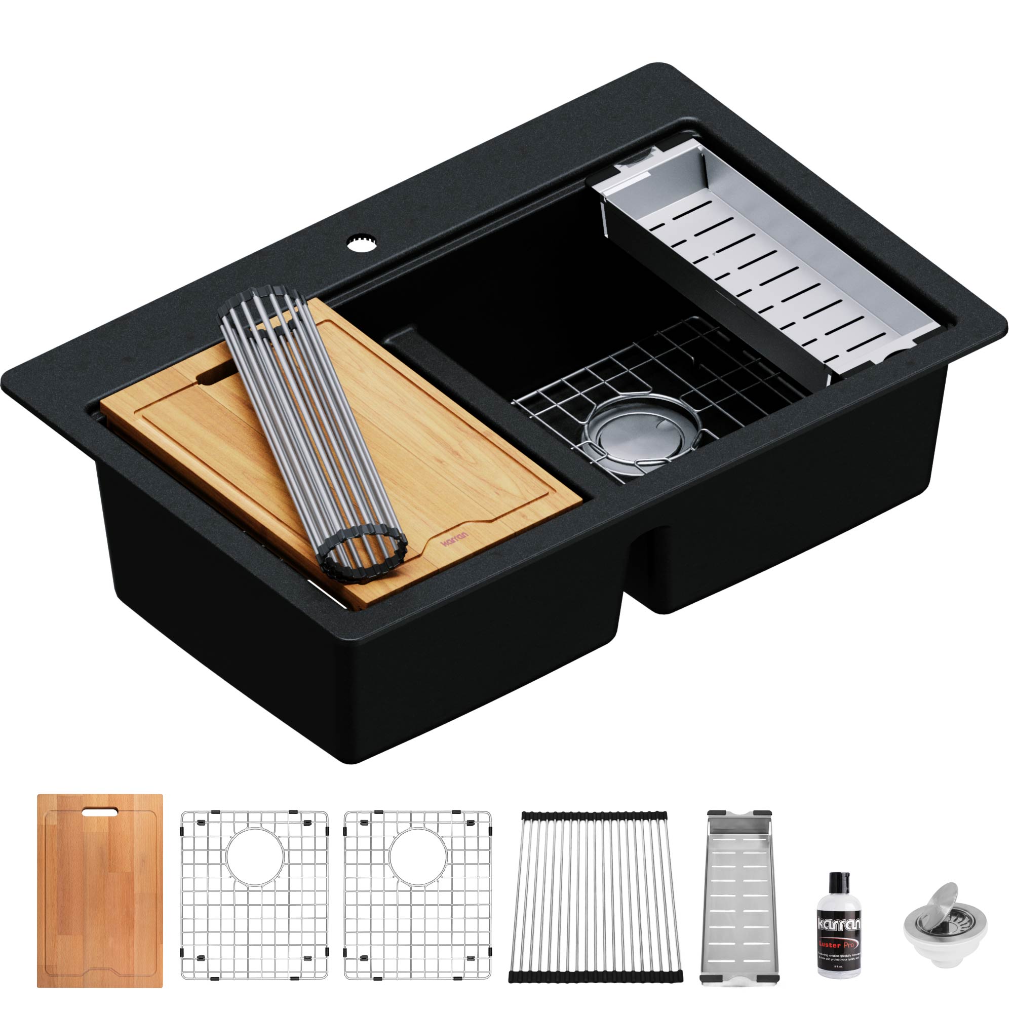 33" Top Mount Double Equal Bowl Quartz Composite Workstation Kitchen Sink In Black