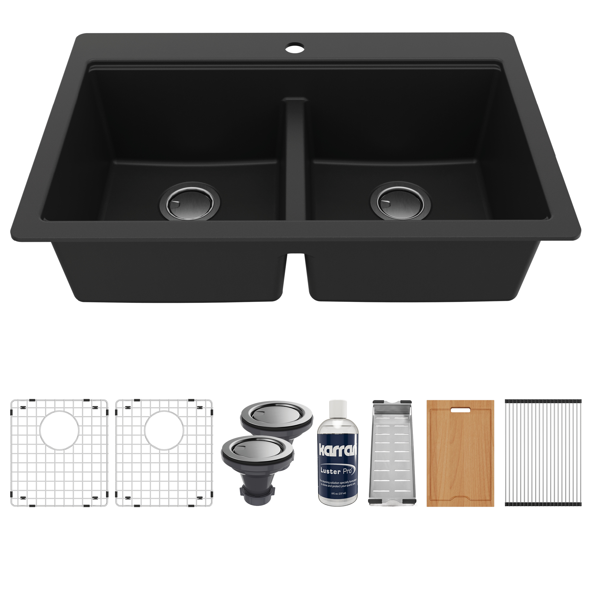 33" Top Mount Double Equal Bowl Quartz Composite Workstation Kitchen Sink In Black