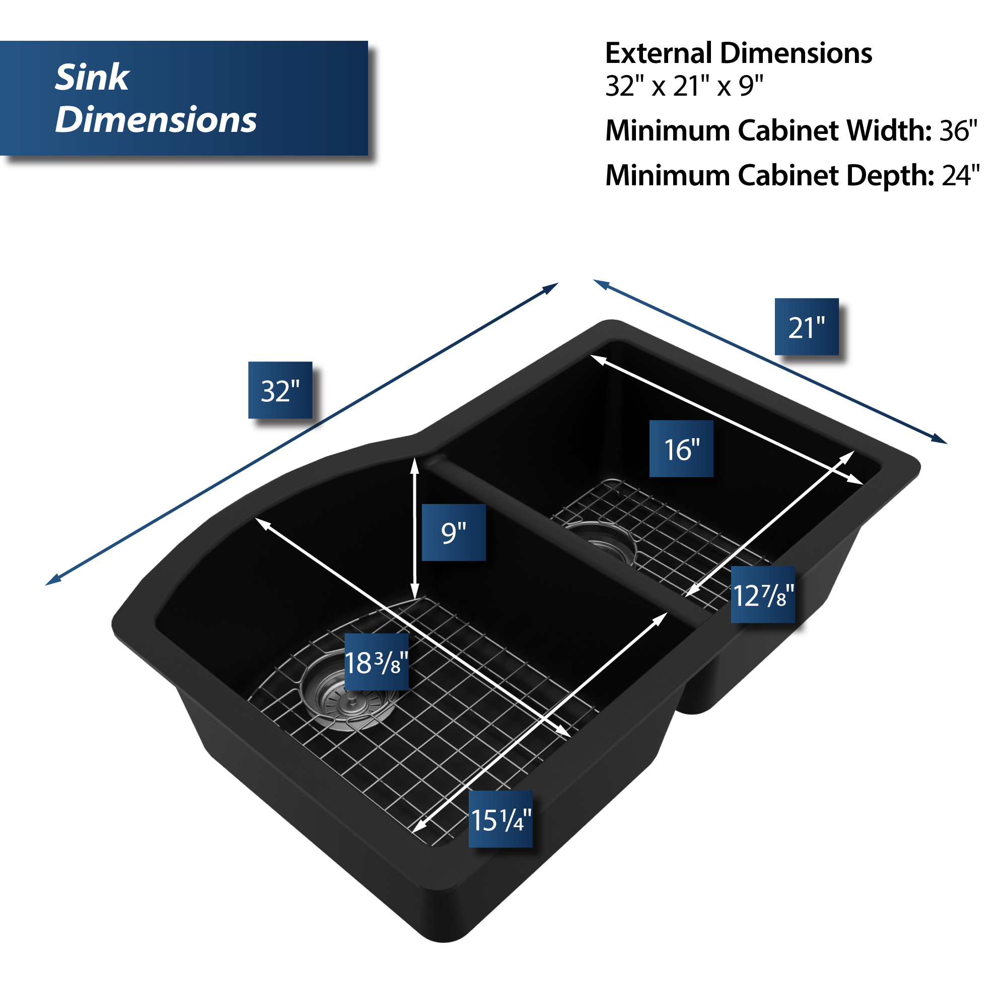 32-1/4" Undermount Double Offset Bowl Quartz Composite Kitchen Sink Kit In Black
