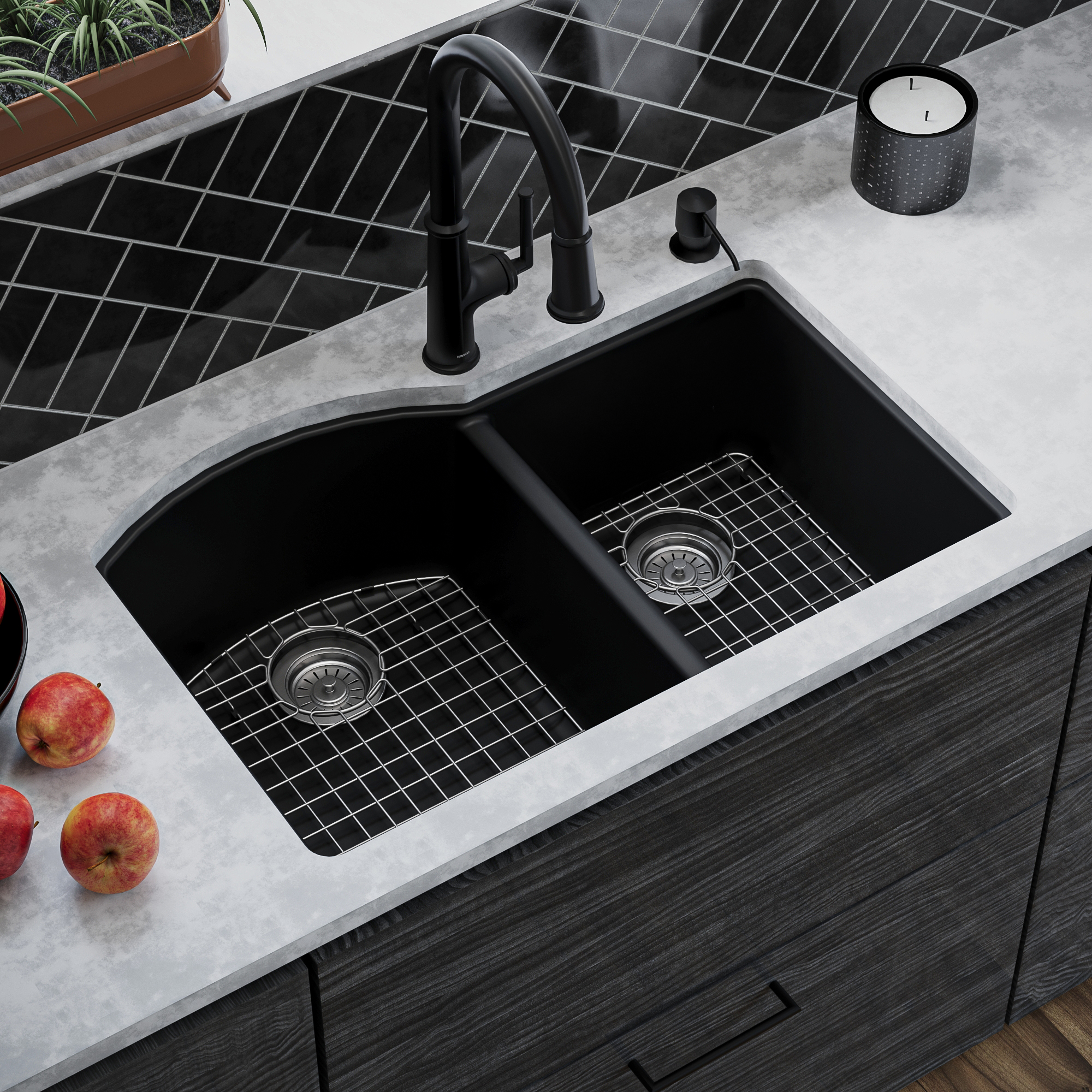 32-1/4" Undermount Double Offset Bowl Quartz Composite Kitchen Sink Kit In Black