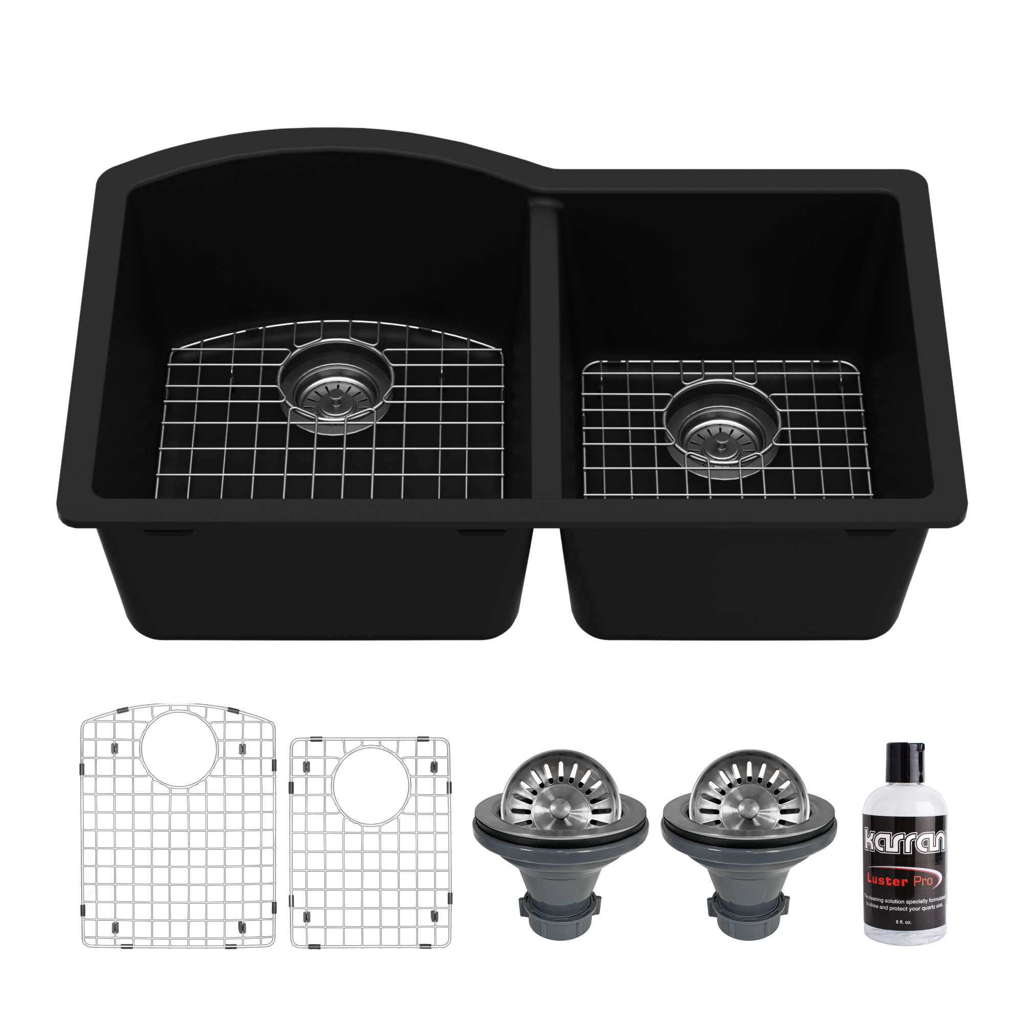 32-1/4" Undermount Double Offset Bowl Quartz Composite Kitchen Sink Kit In Black