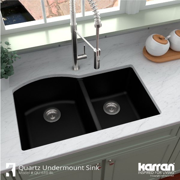 32-1/4" Undermount Double Offset Bowl Quartz Composite Kitchen Sink In Black