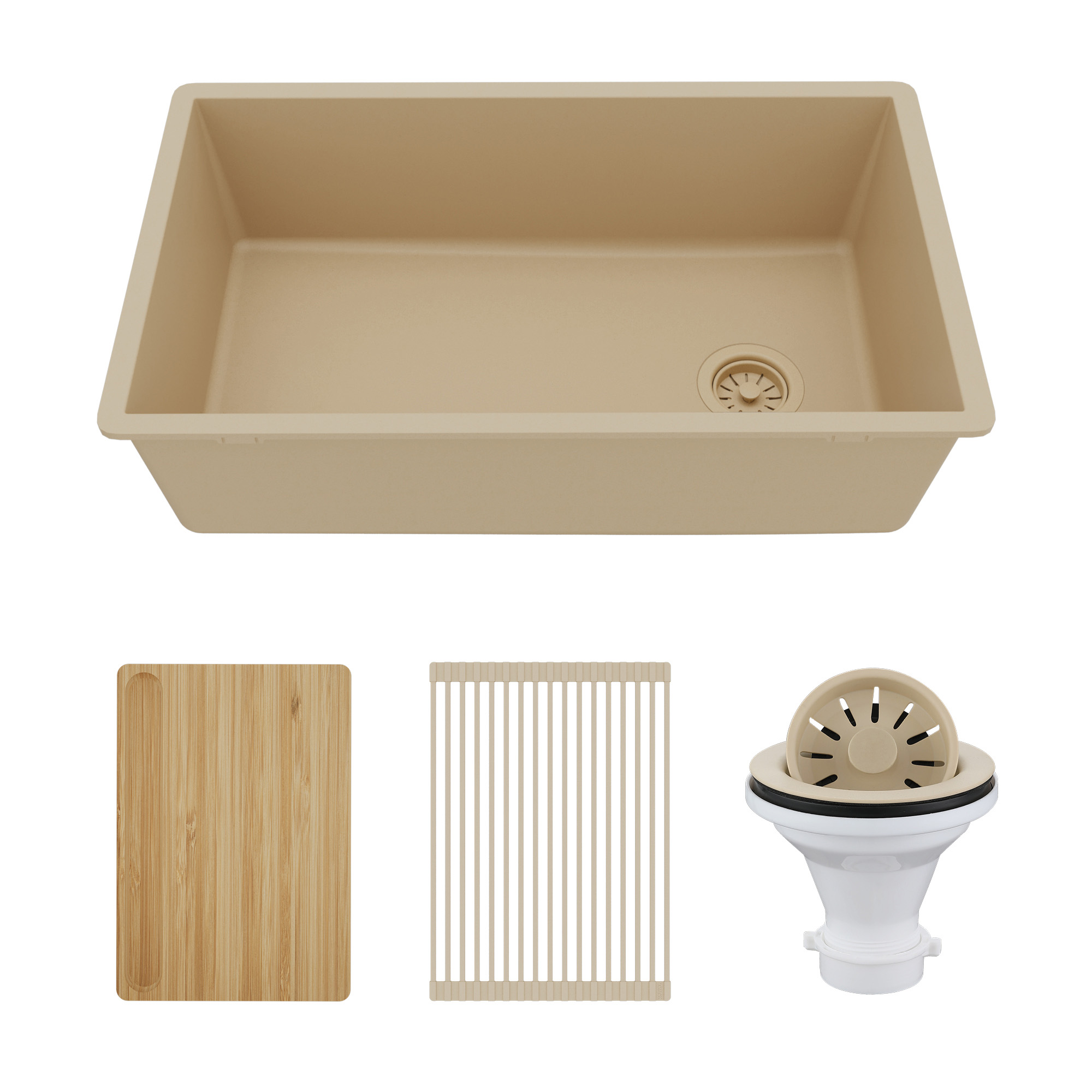31-3/8" Undermount Large Single Bowl Quartz Composite Workstation Kitchen Sink Kit In Bisque