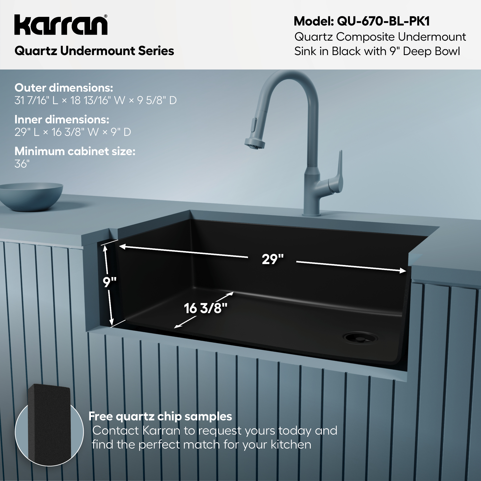 31-5/8" Undermount Large Single Bowl Quartz Composite Kitchen Sink Kit In Black