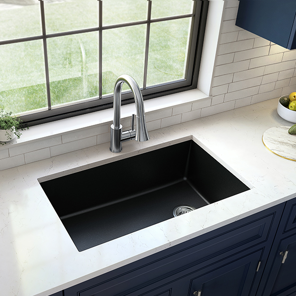 31-5/8" Undermount Large Single Bowl Quartz Composite Kitchen Sink Kit In Black