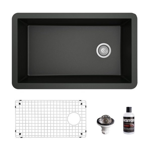 31-5/8" Undermount Large Single Bowl Quartz Composite Kitchen Sink Kit In Black