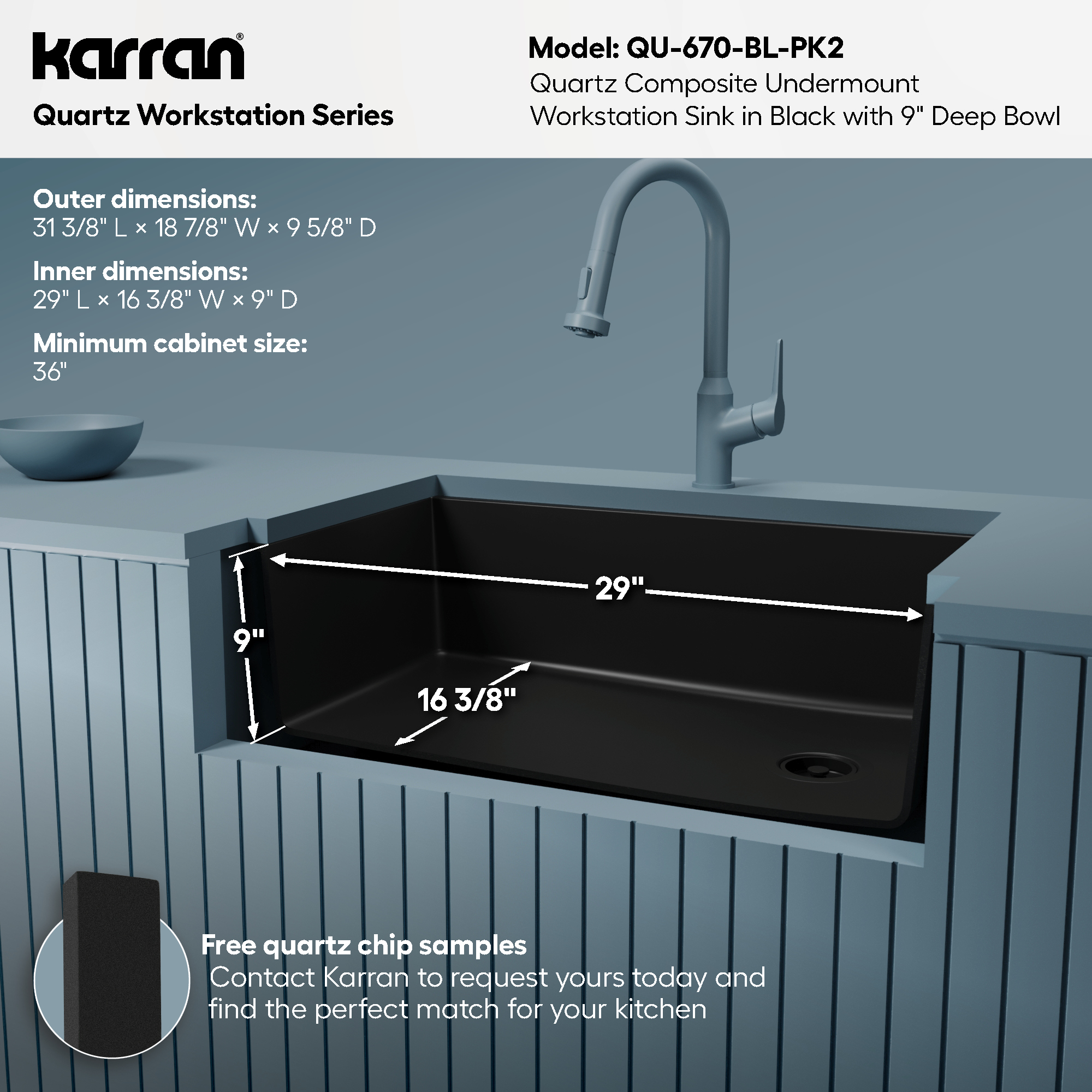 31-3/8" Undermount Large Single Bowl Quartz Composite Workstation Kitchen Sink Kit In Black