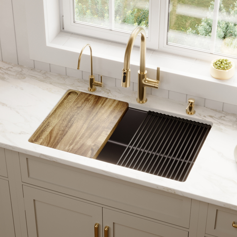 31-3/8" Undermount Large Single Bowl Quartz Composite Workstation Kitchen Sink Kit In Black