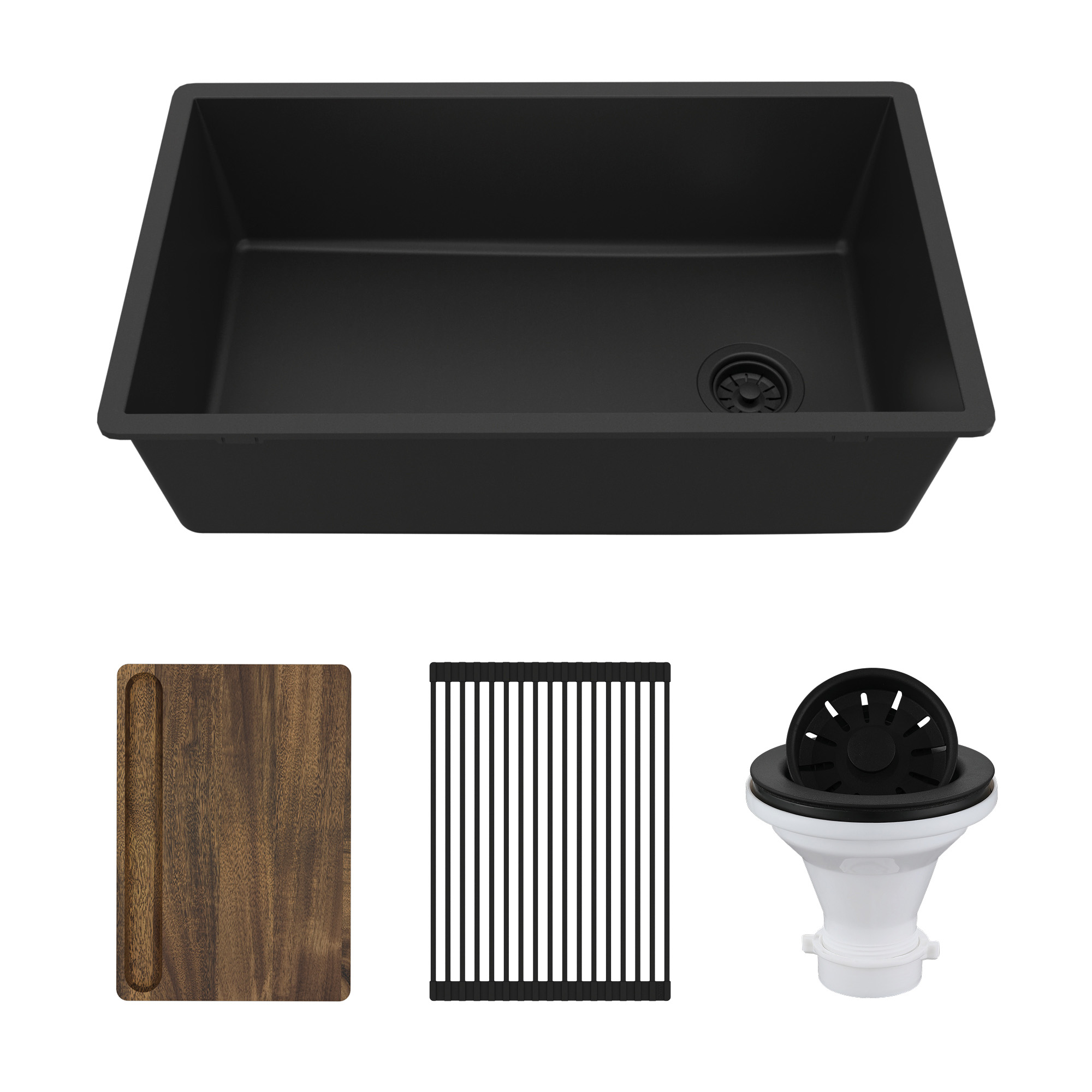 31-3/8" Undermount Large Single Bowl Quartz Composite Workstation Kitchen Sink Kit In Black