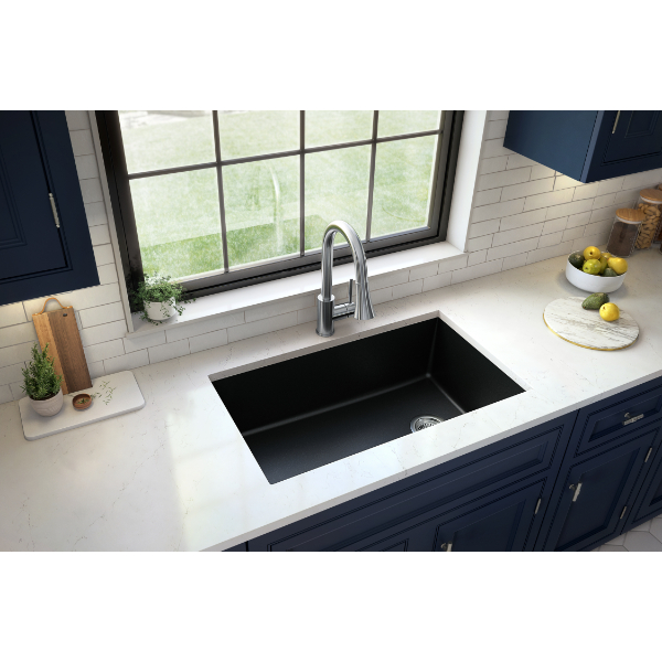 31-5/8" Undermount Large Single Bowl Quartz Composite Kitchen Sink In Black
