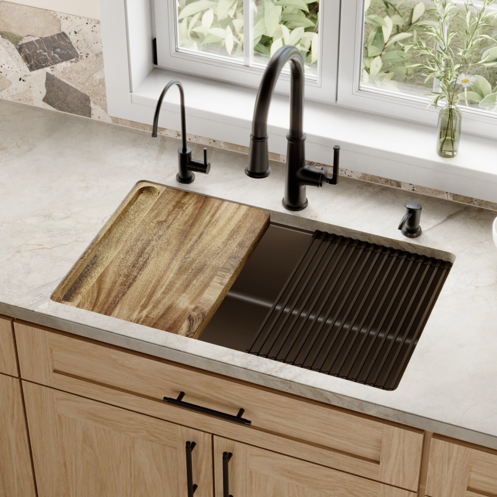 31-3/8" Undermount Large Single Bowl Quartz Composite Workstation Kitchen Sink Kit In Brown