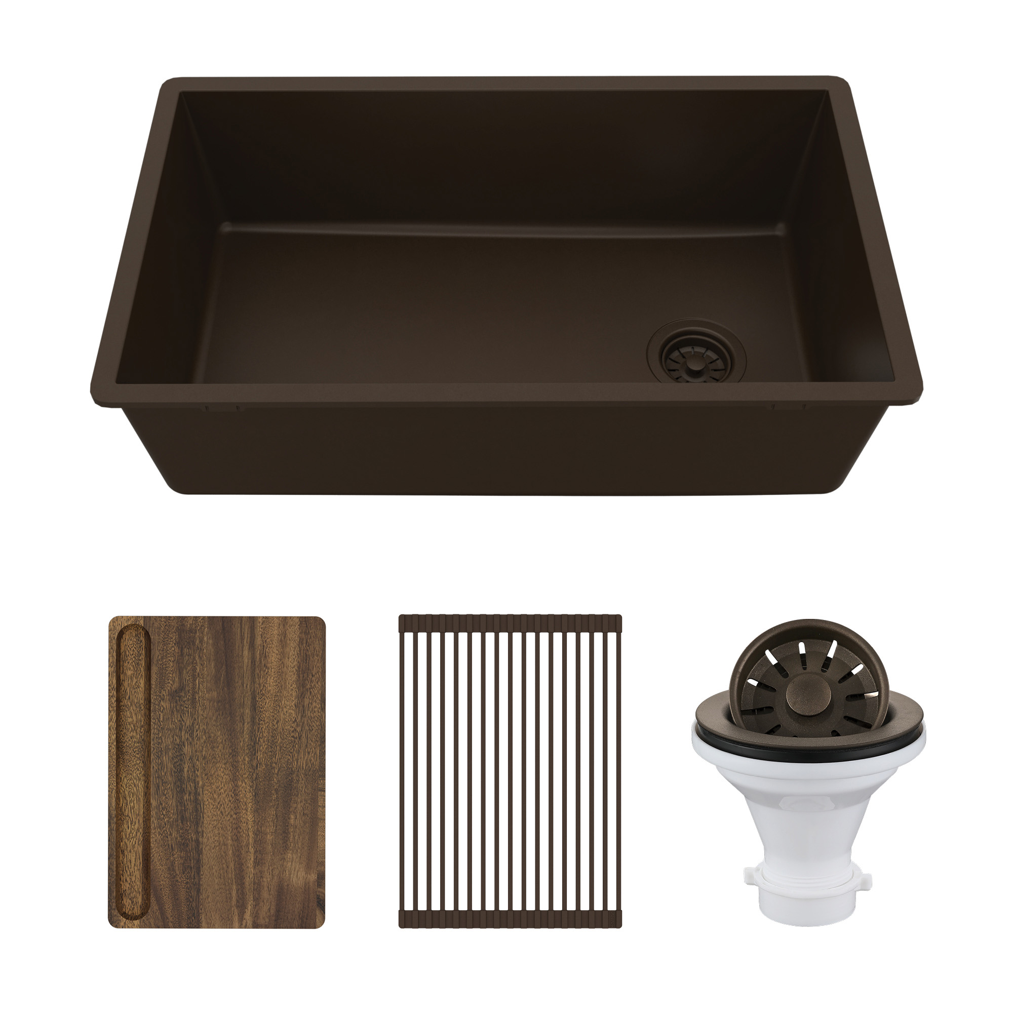 31-3/8" Undermount Large Single Bowl Quartz Composite Workstation Kitchen Sink Kit In Brown