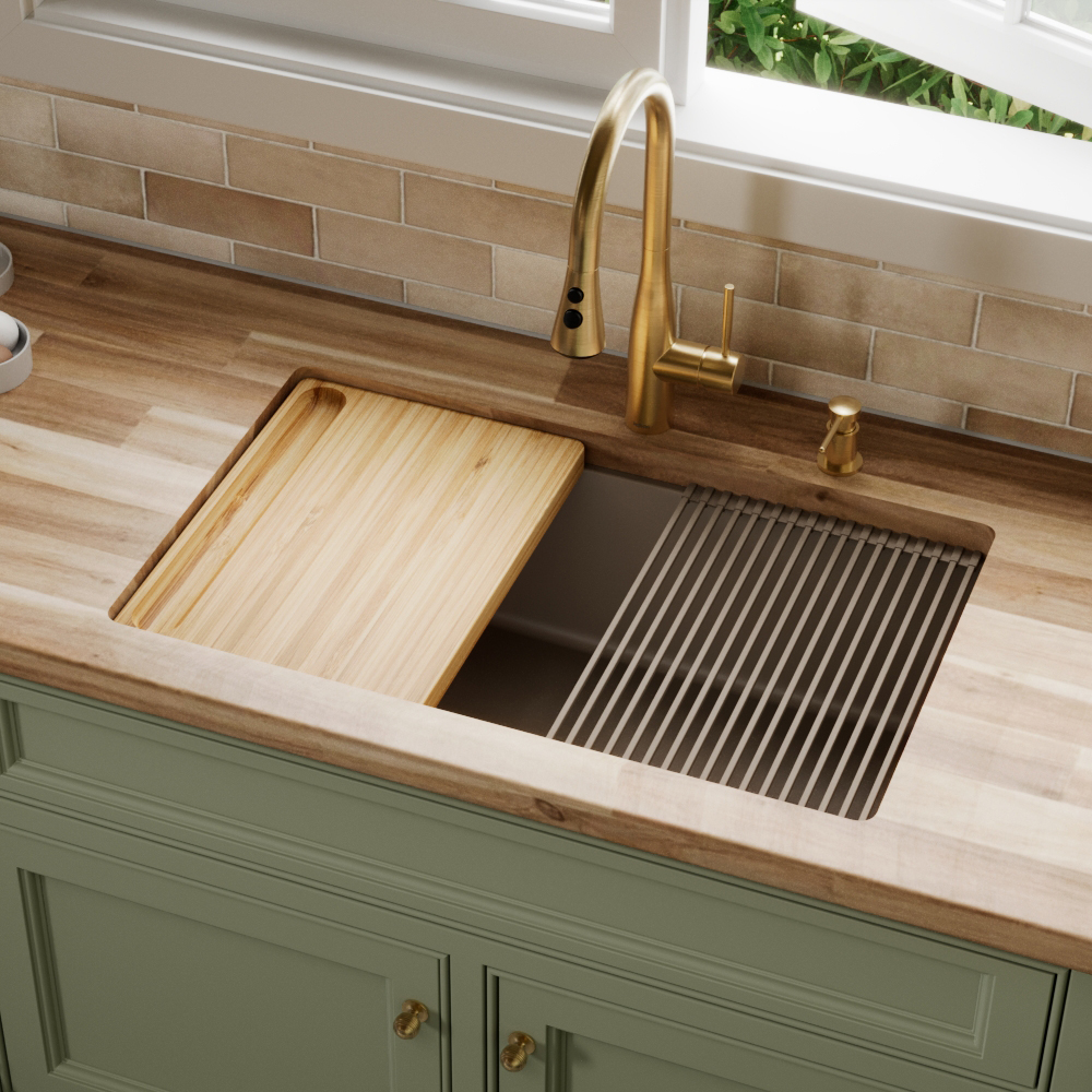 31-3/8" Undermount Large Single Bowl Quartz Composite Workstation Kitchen Sink Kit In Concrete